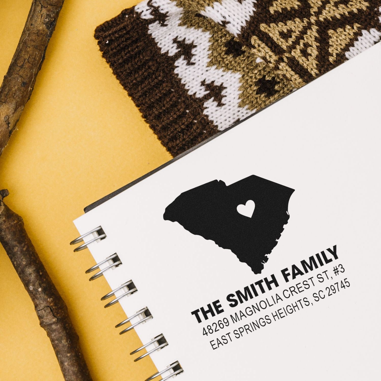 Custom South Carolina family address rubber stamp with heart icon for personalized stationery and return envelopes.