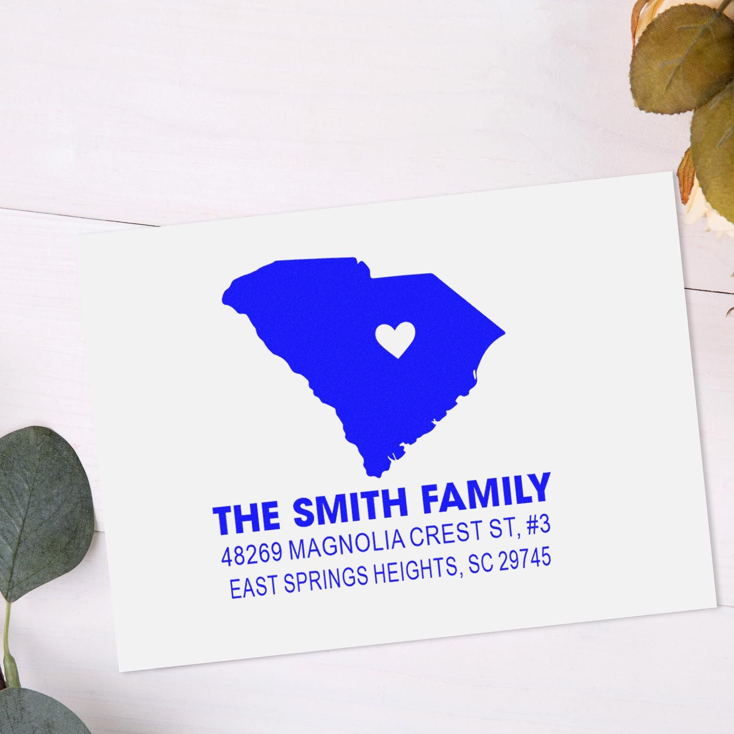 South Carolina custom return address rubber stamp for The Smith Family, featuring a heart-shaped state design