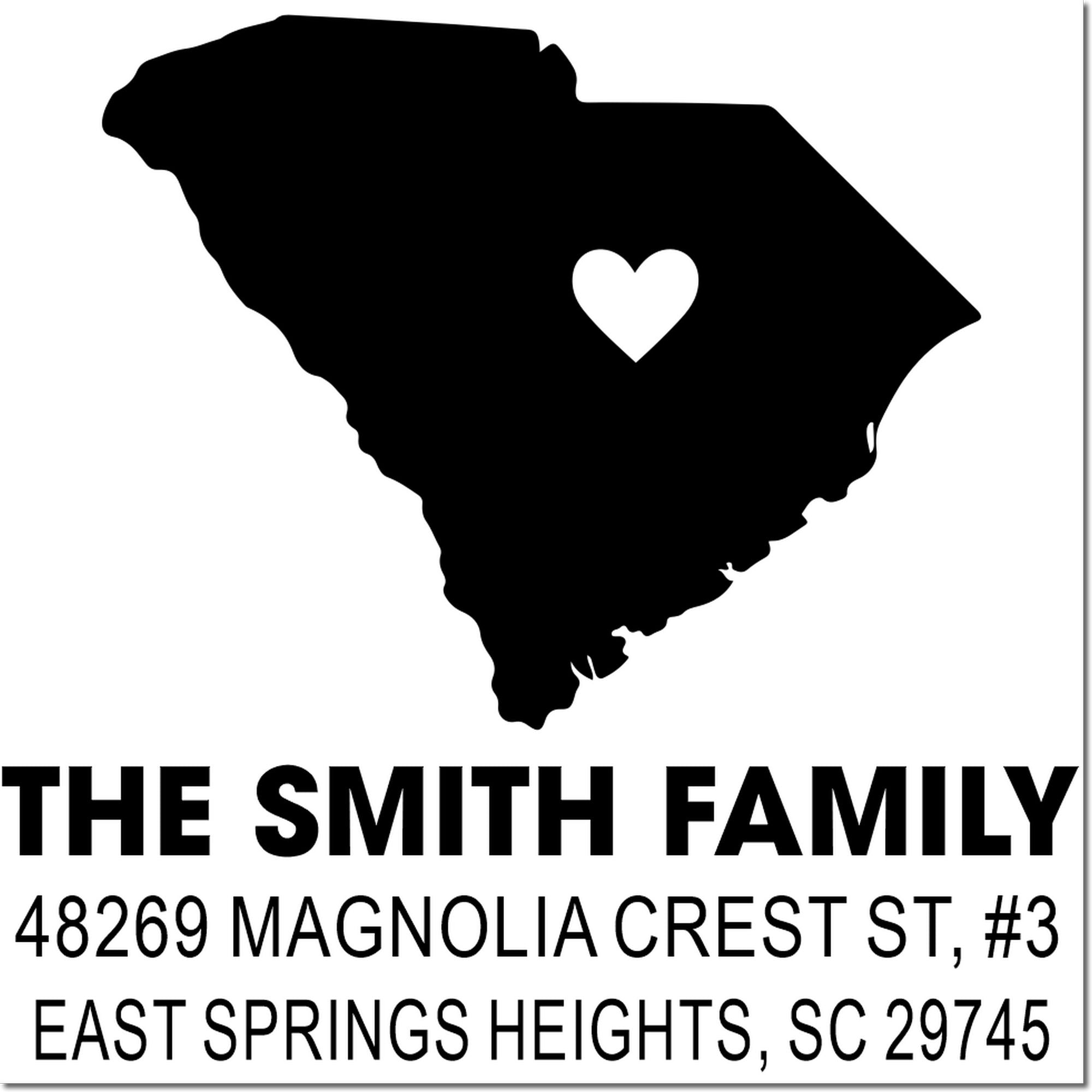 Custom South Carolina return address rubber stamp for The Smith Family, Magnolia Crest St #3, East Springs Heights SC 29745