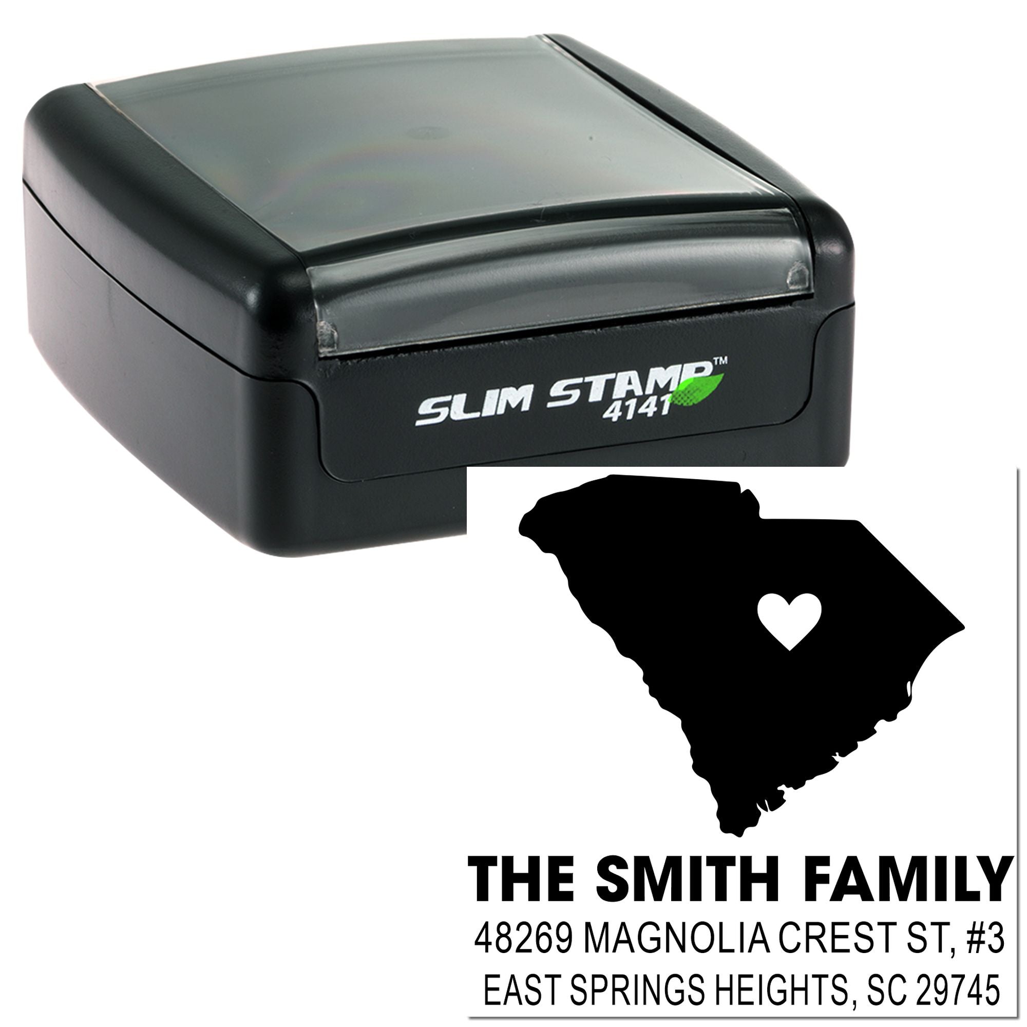 Custom Slim Stamp self-inking rubber stamp for South Carolina family address, with state silhouette and return address design.