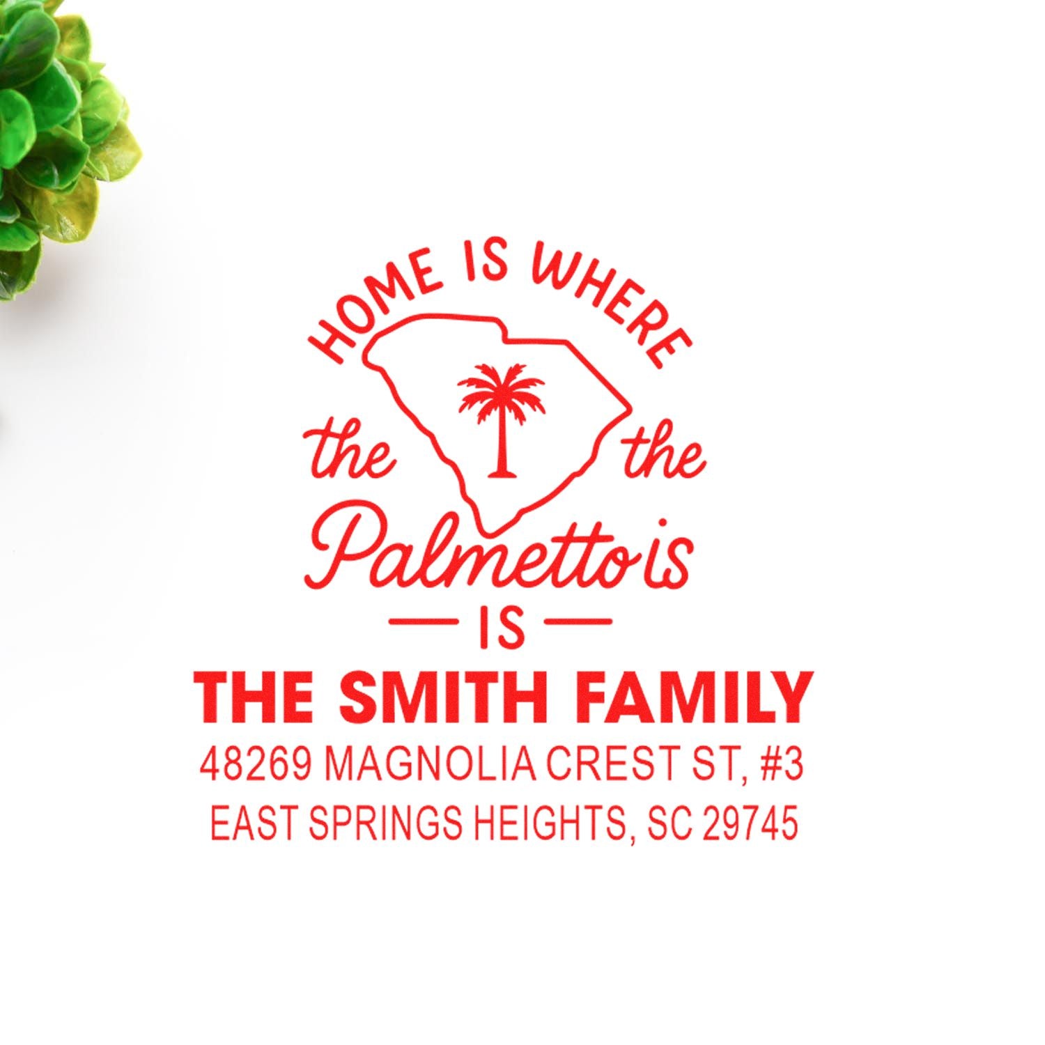 Custom South Carolina return address rubber stamp with palmetto design for The Smith Family, East Springs Heights, SC.