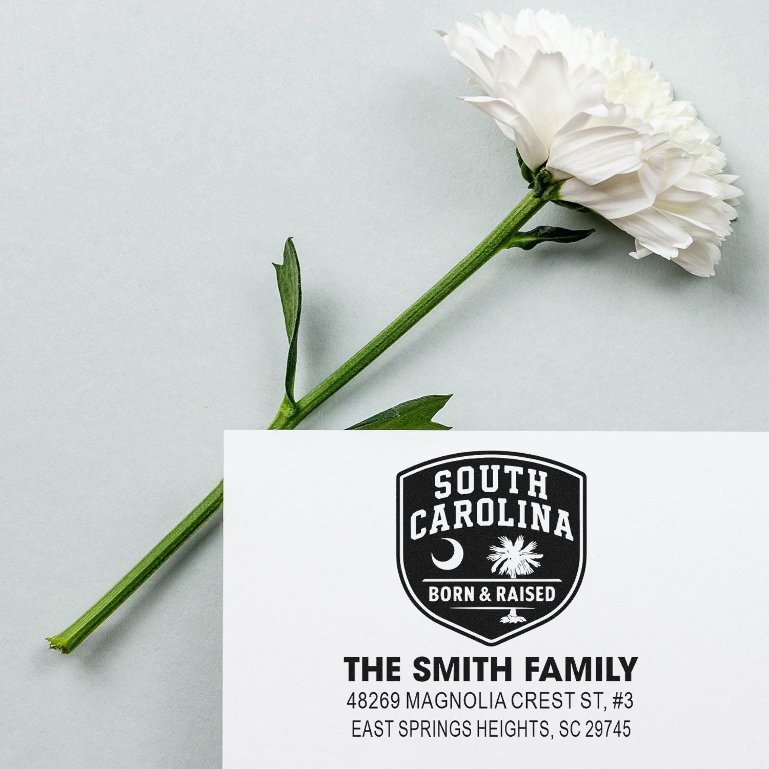 Custom South Carolina address rubber stamp for The Smith Family with personalized return address and birth-state design.