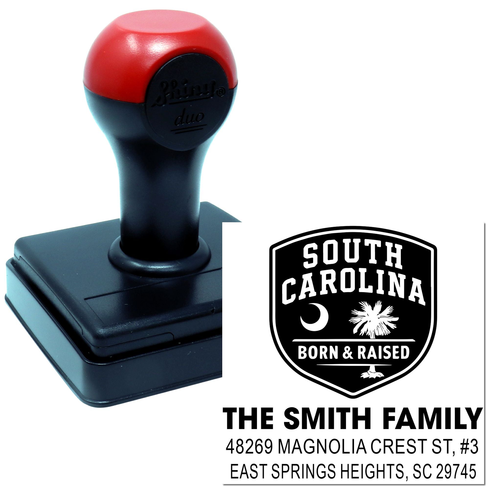 Custom self-inking rubber stamp for South Carolina family address labels with personalized name and address.
