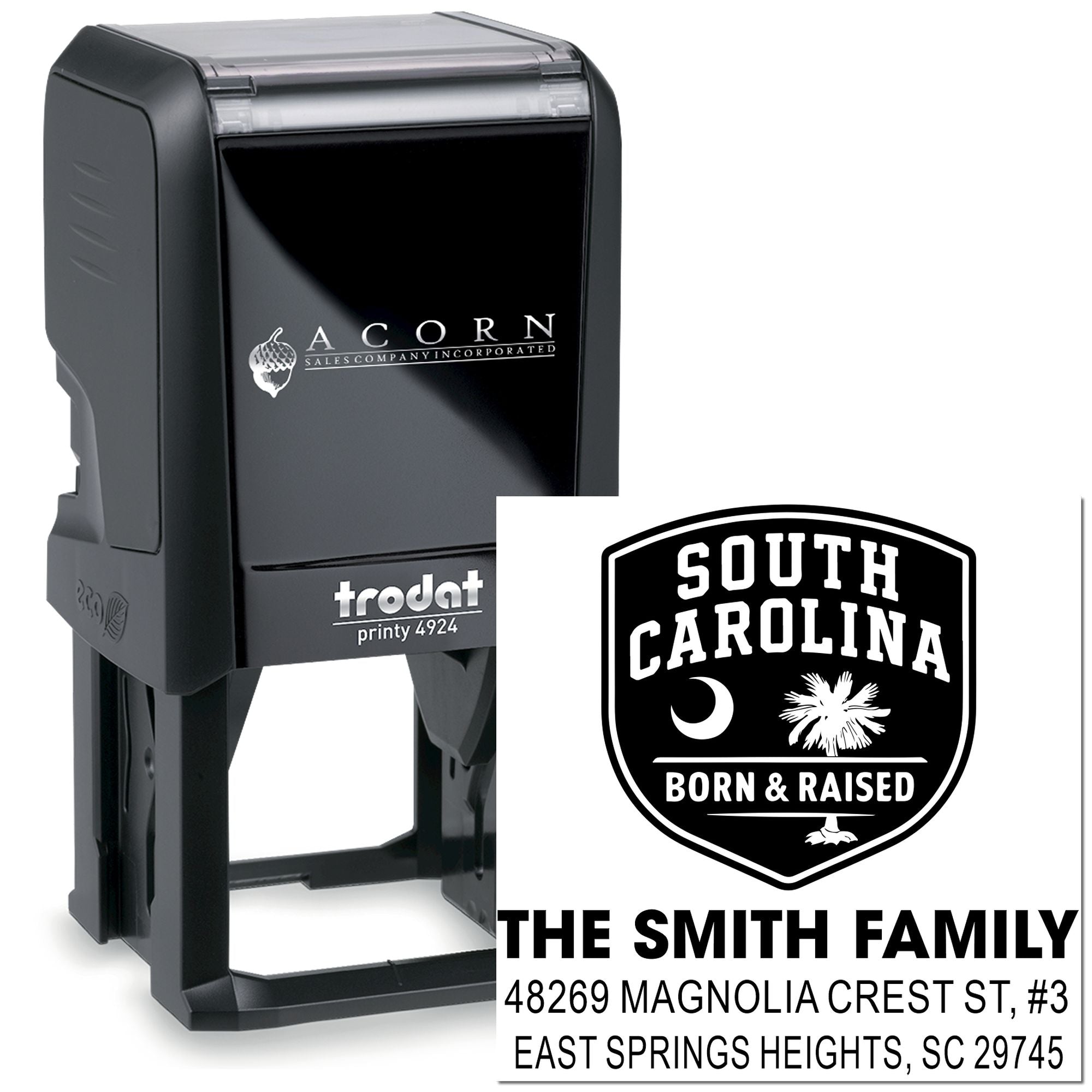 Personalized Trodat self-inking rubber address stamp with South Carolina family return address design.