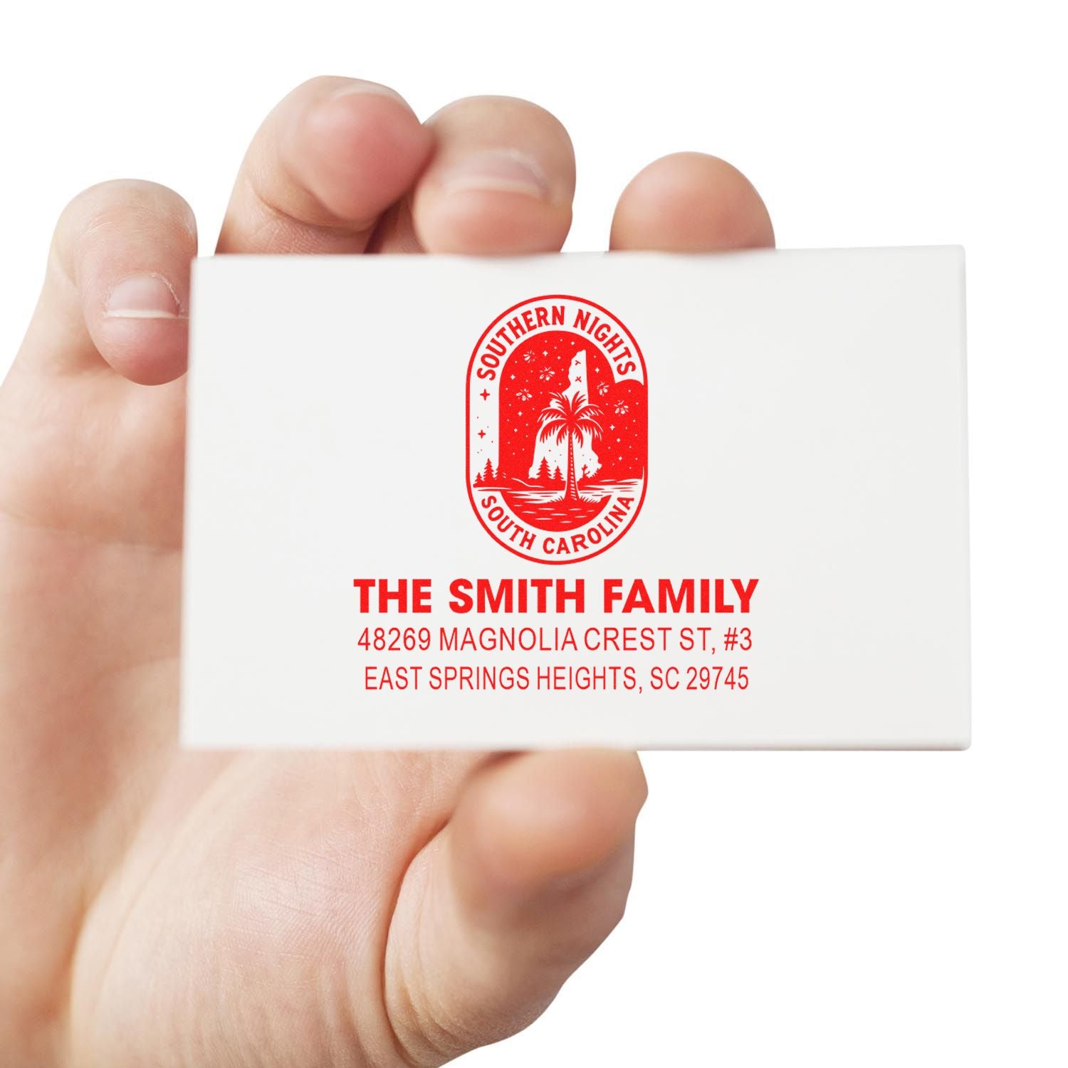 Custom return address rubber stamp with Southern Nights South Carolina design for The Smith Family.