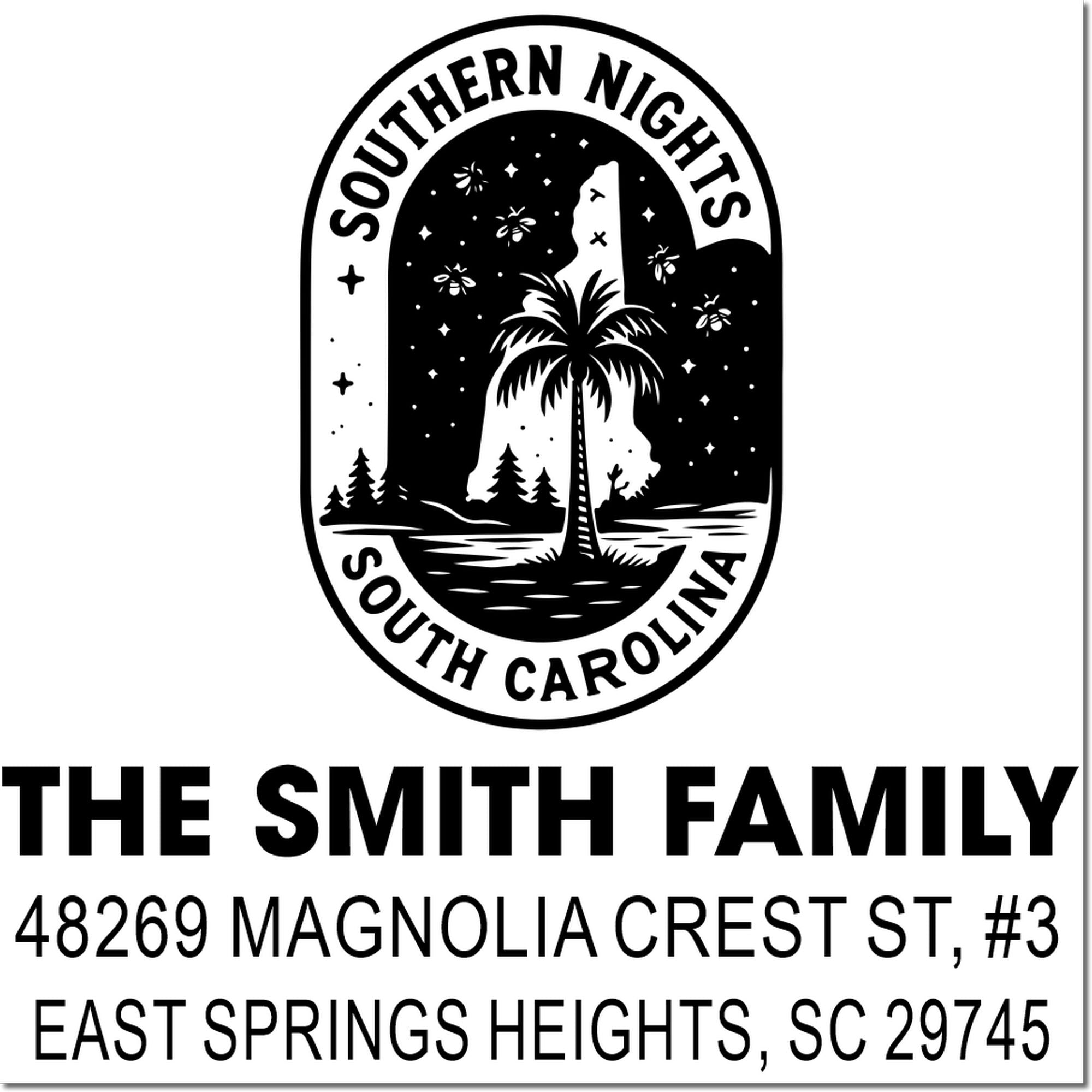 Custom Southern Nights South Carolina return address rubber stamp for The Smith family, Magnolia Crest St., East Springs Heights.