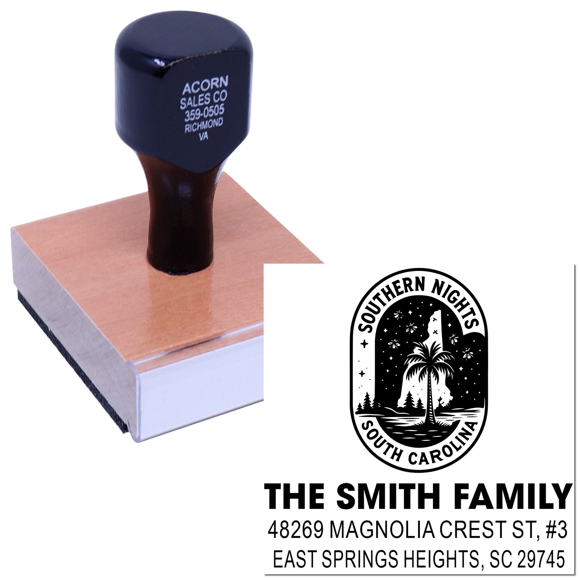 Custom rubber address stamp featuring Southern Nights South Carolina design and Smith family return address