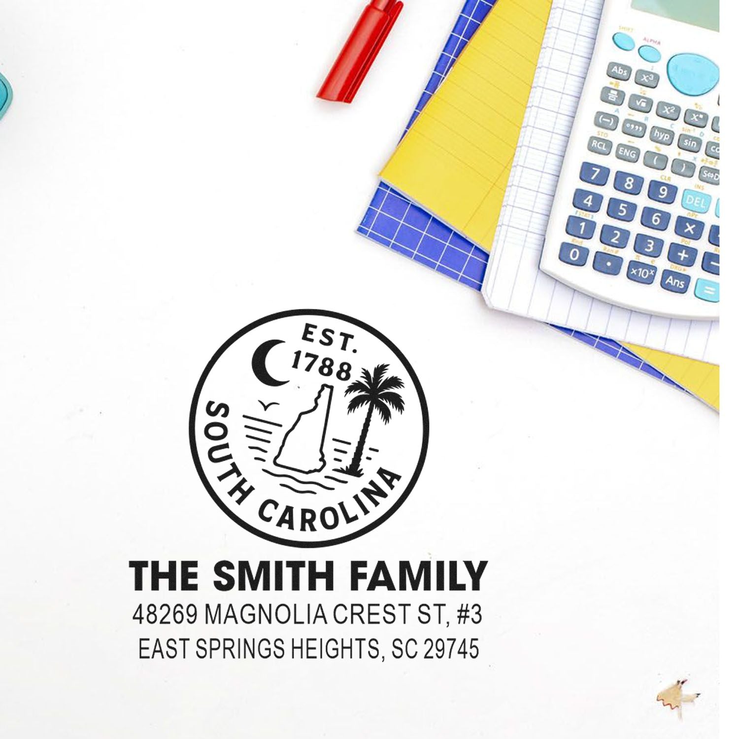 Personalized South Carolina address rubber stamp for The Smith Family with state seal design and home address.