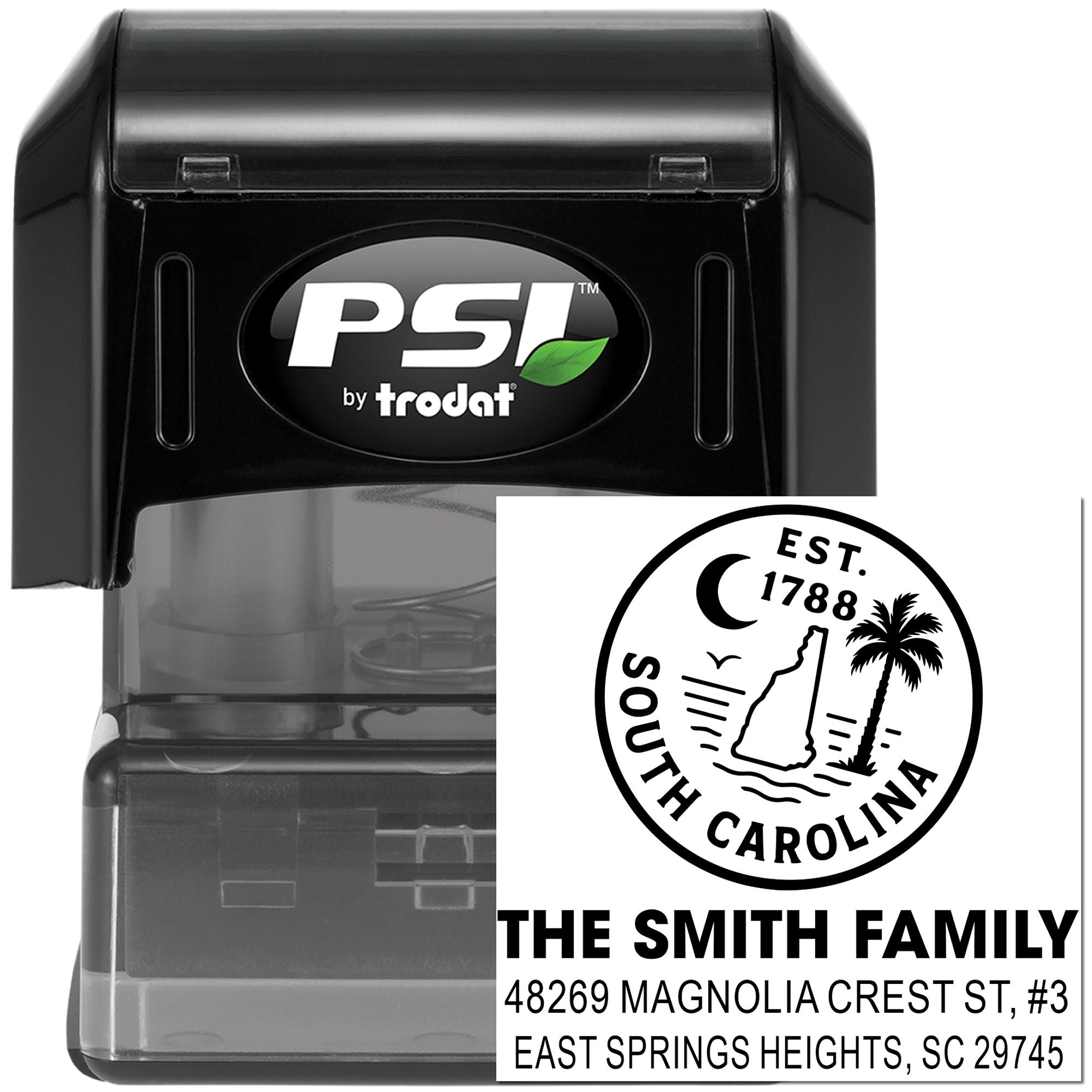 PSI by Trodat self-inking custom family address rubber stamp with South Carolina return address design