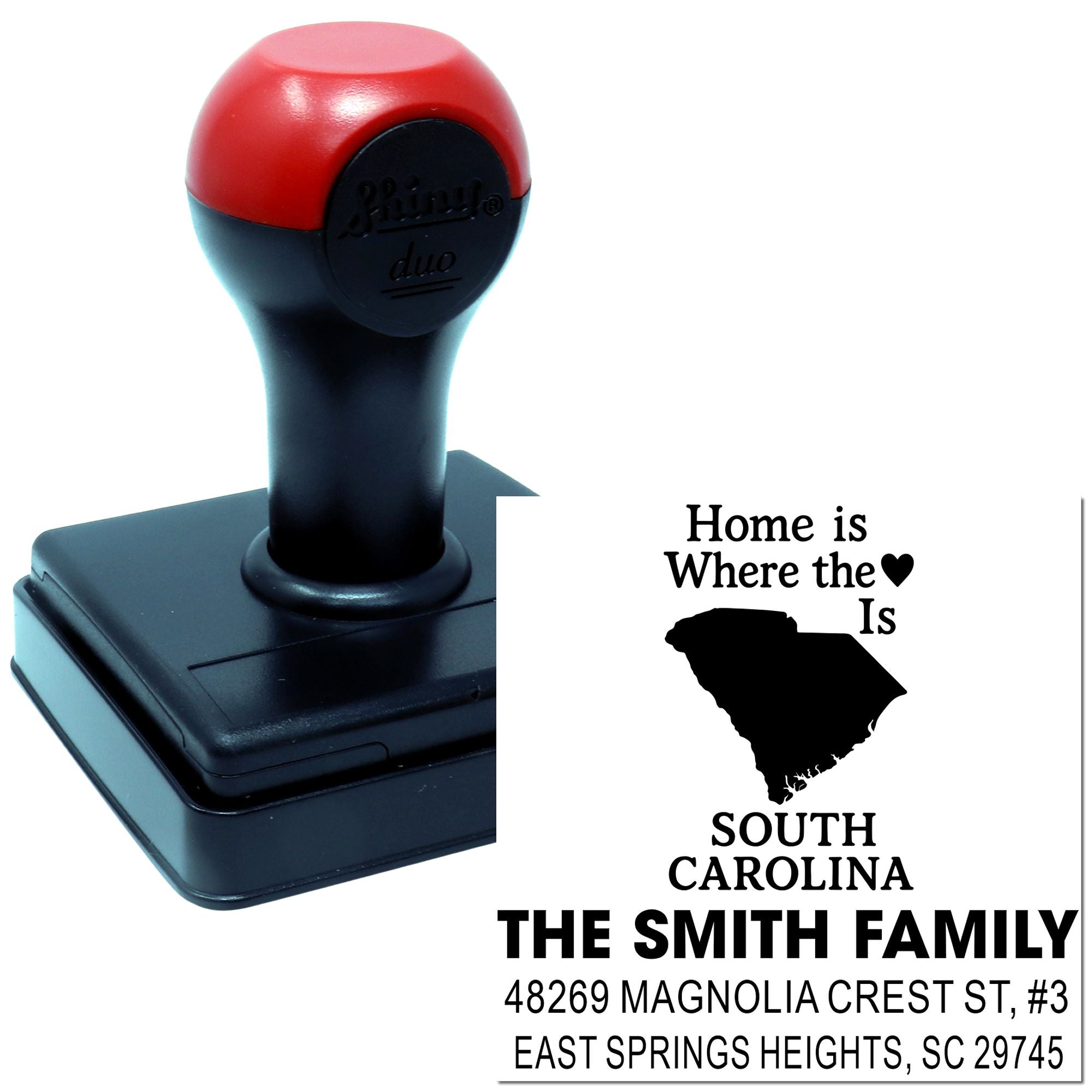 Self-inking custom South Carolina address rubber stamp with Home is where the heart is family return address design.