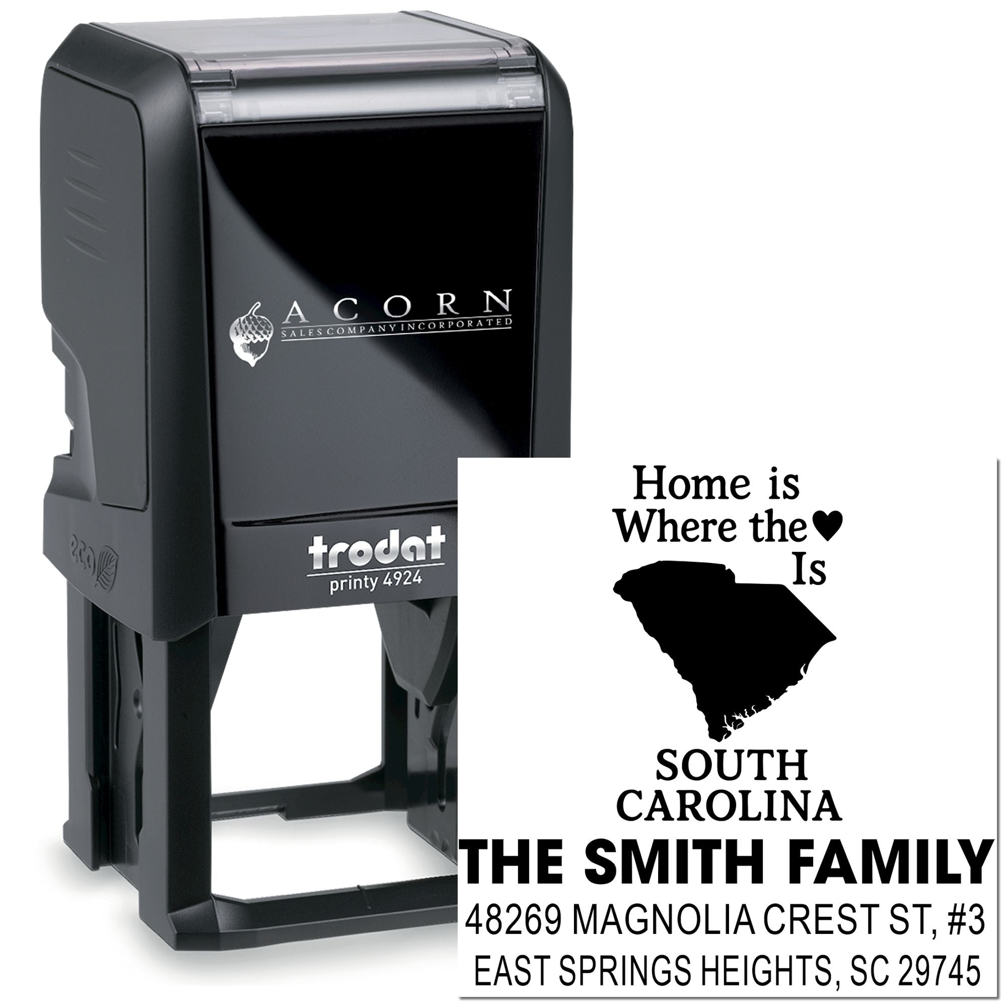 Custom self-inking rubber address stamp with South Carolina home design for personalized family mailing.
