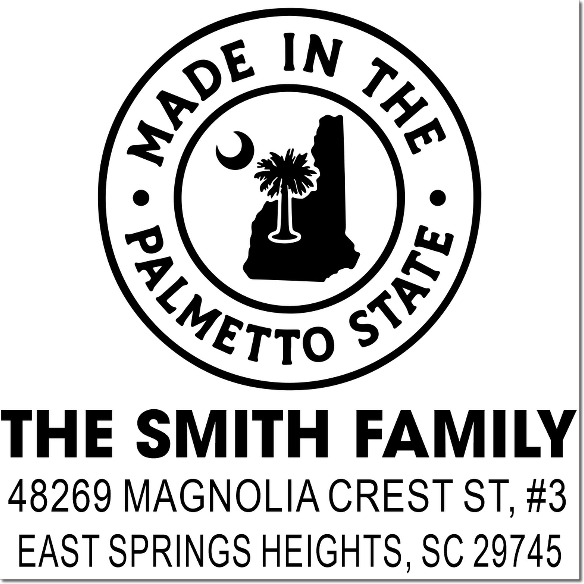 Personalized family return address rubber stamp with South Carolina Palmetto State seal for The Smith Family, East Springs Heights, SC 29745