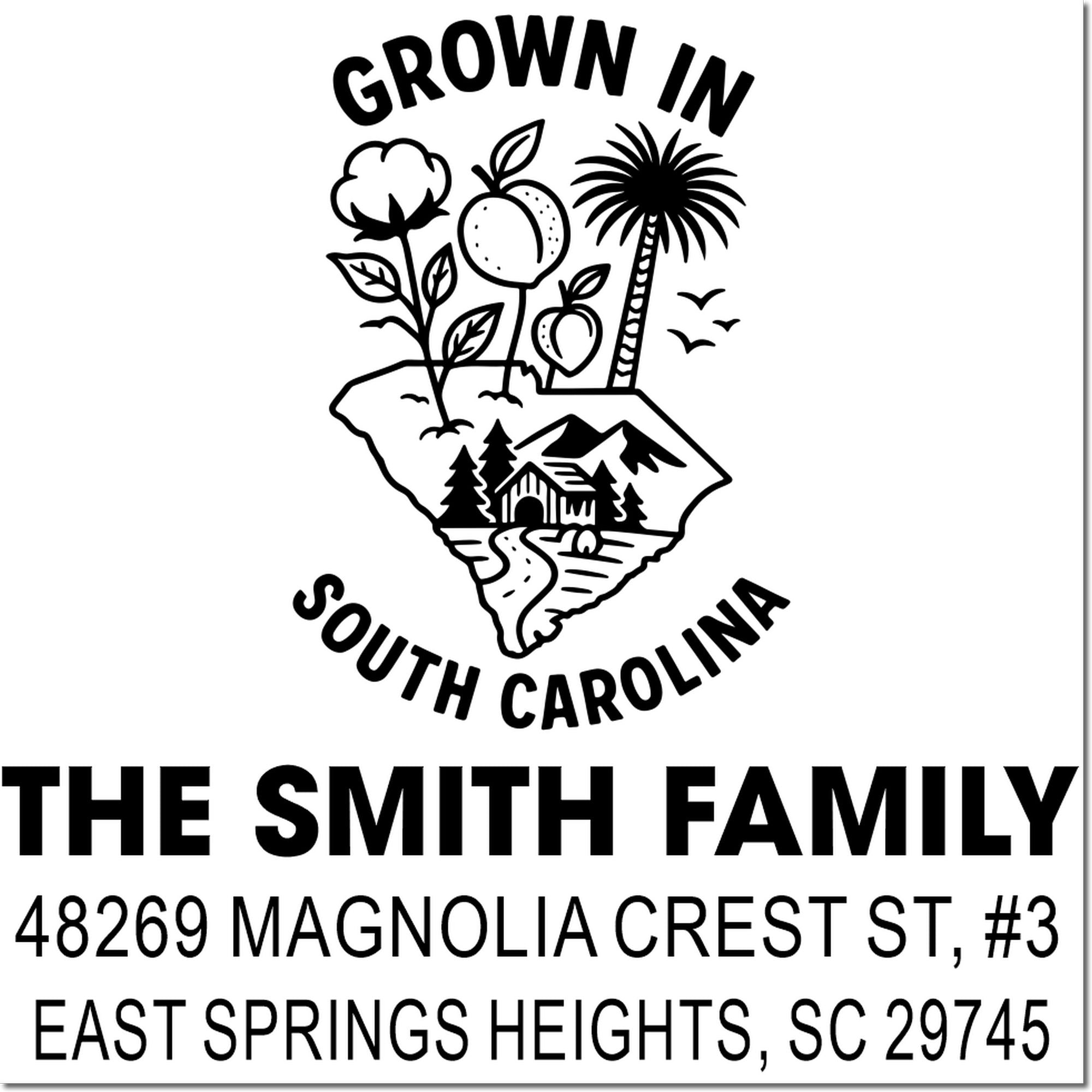 Custom South Carolina return address rubber stamp with farm produce design and family name.