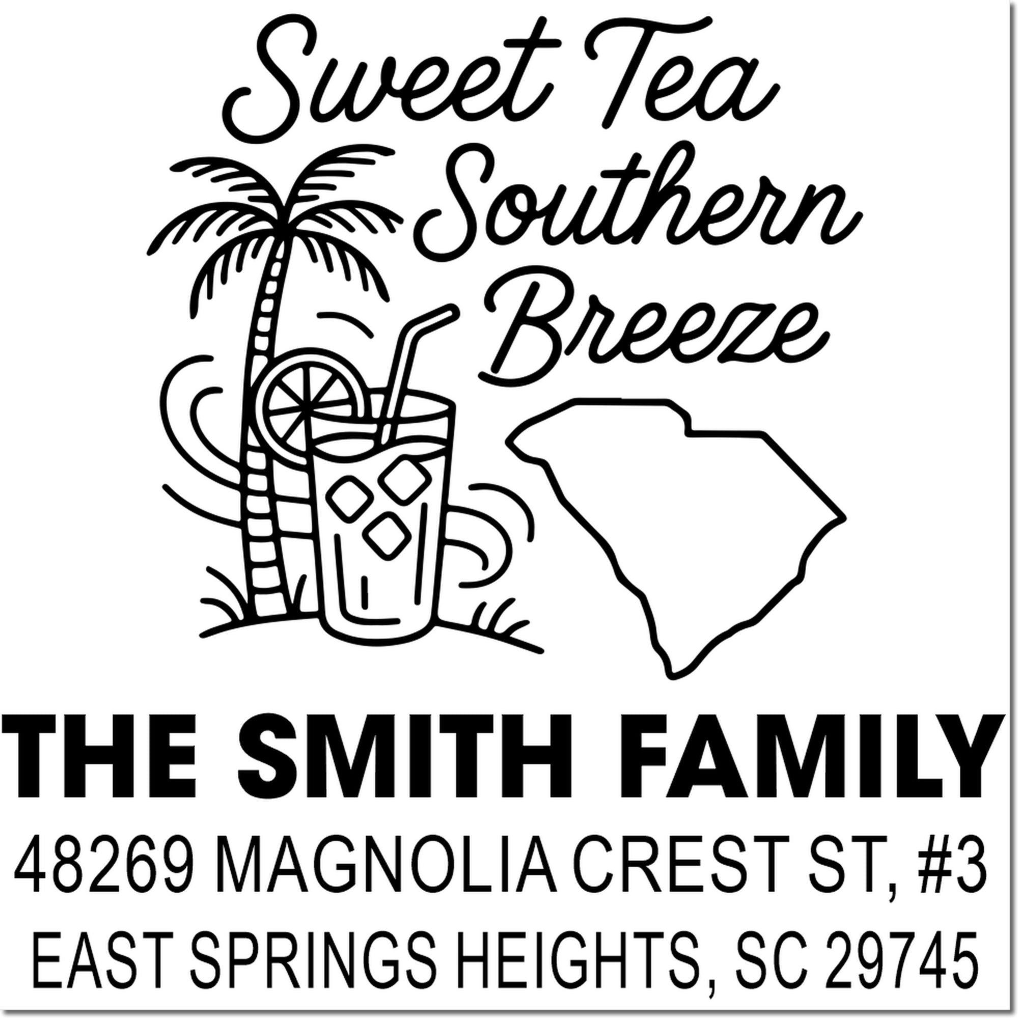 Personalized South Carolina return address rubber stamp with Sweet Tea Southern Breeze, palm tree, and iced tea design.
