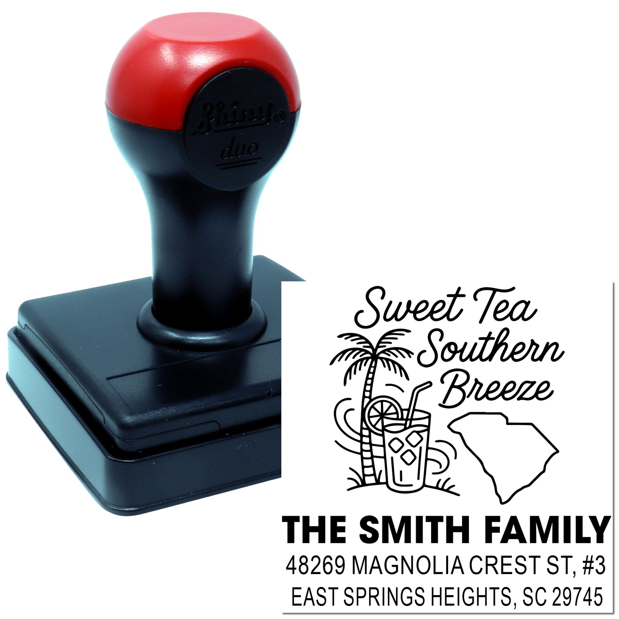 Personalized self-inking rubber stamp with Sweet Tea Southern Breeze South Carolina design and family address imprint.