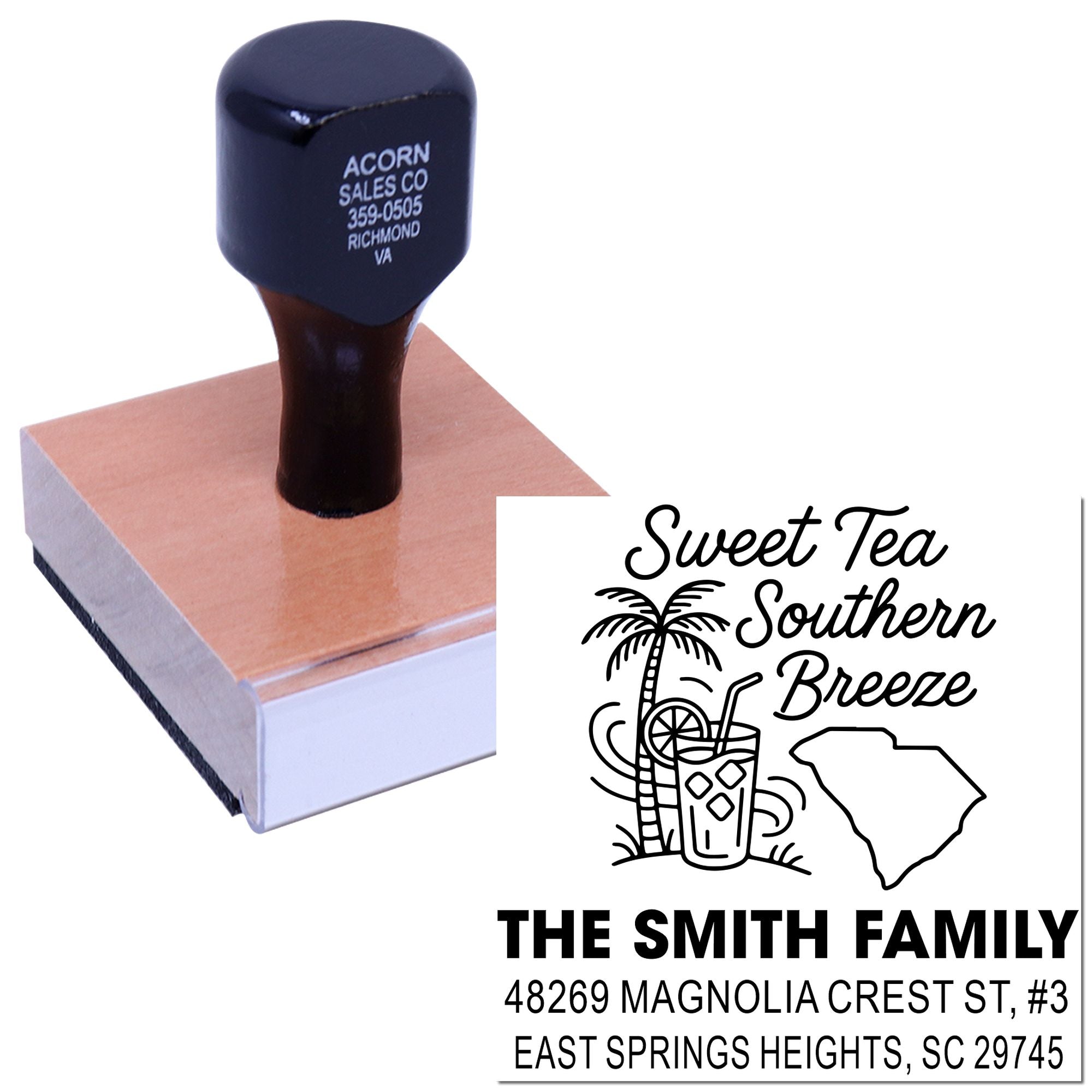Custom family return address rubber stamp with Sweet Tea Southern Breeze South Carolina design