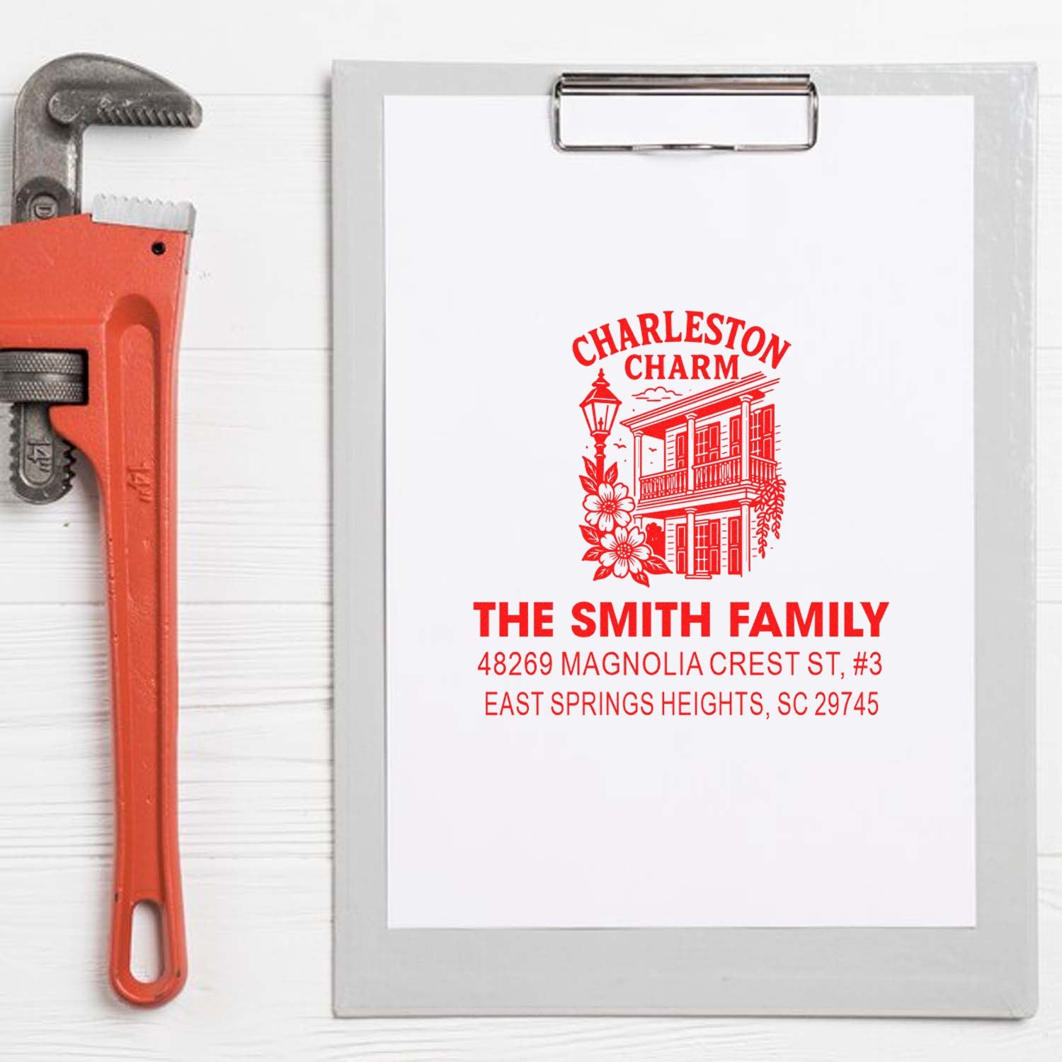 Personalized Charleston Charm return address rubber stamp with family name, address, and magnolia house design.