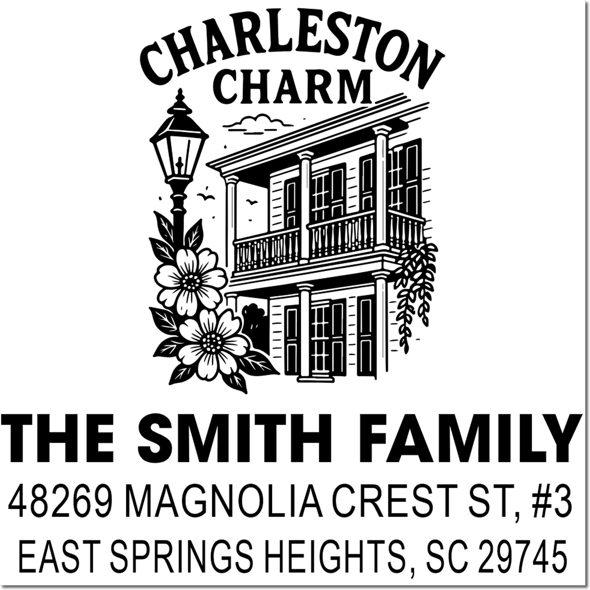 Charleston Charm custom return address rubber stamp for The Smith Family, featuring a historic home design and Magnolia Crest St. address.