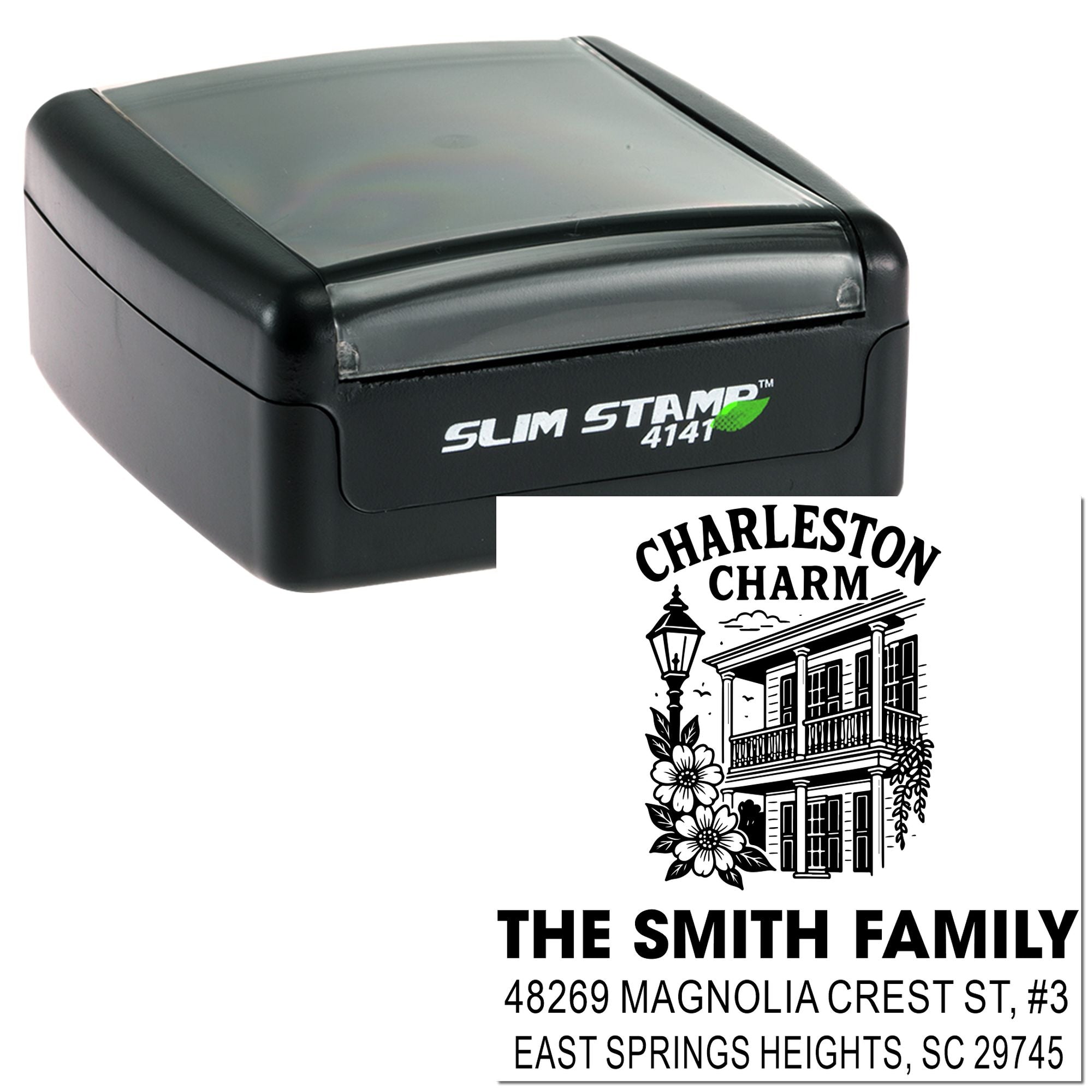 Custom self-inking rubber stamp showing Charleston Charm family address design for return mail, invitations, and packaging.
