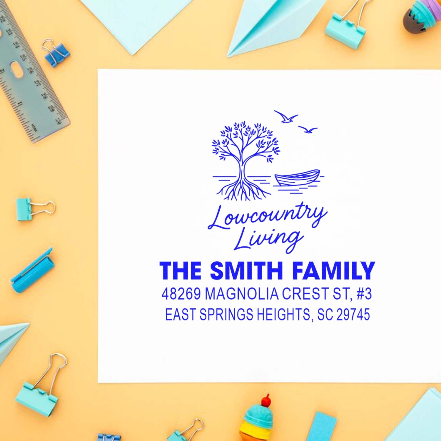 Custom rubber address stamp with Lowcountry Living design, The Smith Family name, and mailing address for stationery and envelopes.