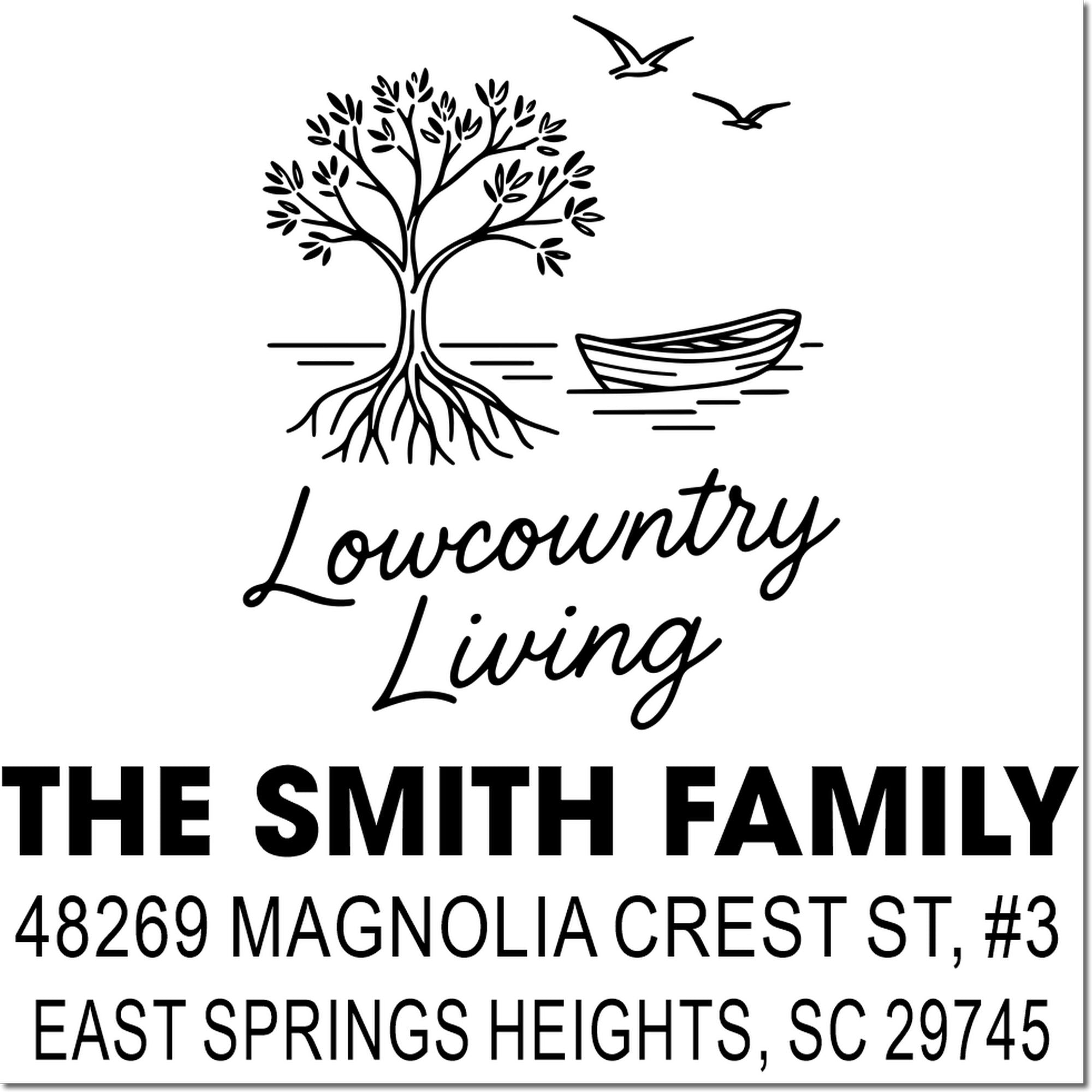 Custom Lowcountry Living return address rubber stamp with tree, boat and birds for The Smith Family, East Springs Heights, SC