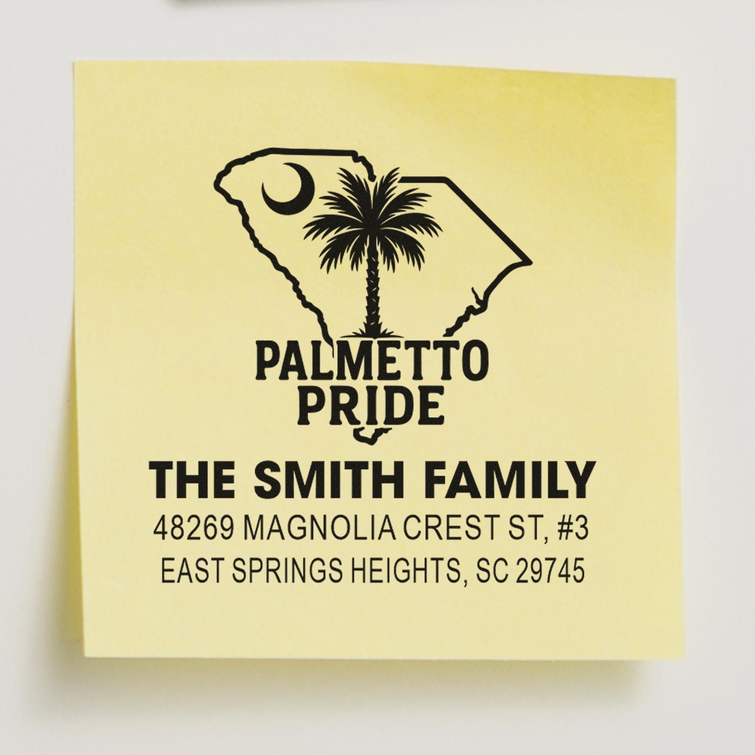 Custom rubber address stamp with South Carolina palmetto design for The Smith Family, East Springs Heights, SC 29745.