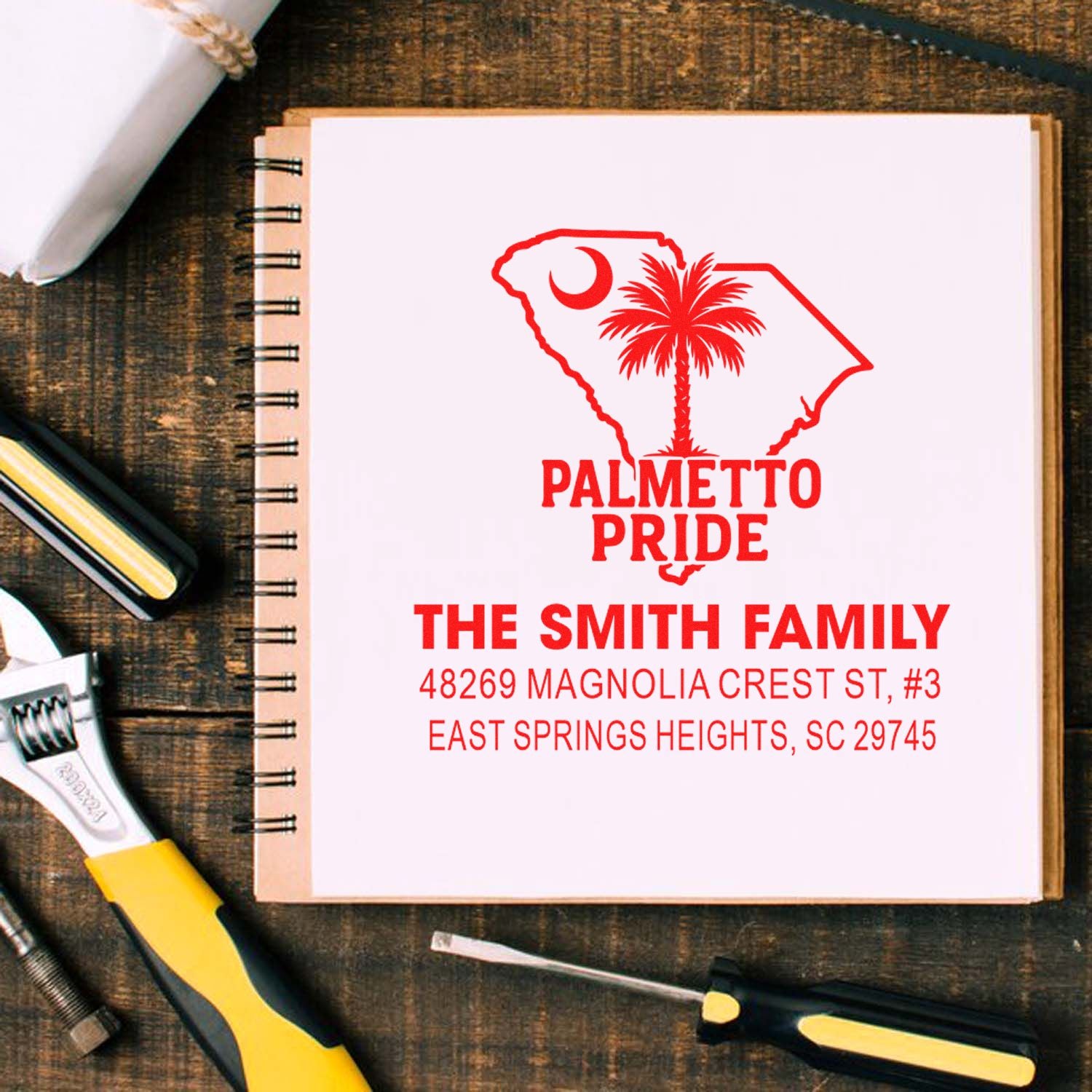 Custom South Carolina rubber stamp with Palmetto Pride, palm tree design, and The Smith Family return address.