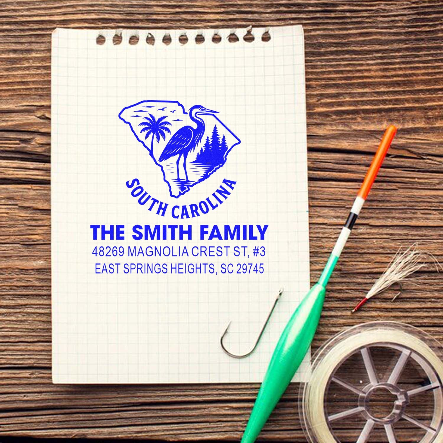 Custom South Carolina return address rubber stamp with heron, palm tree and state outline design