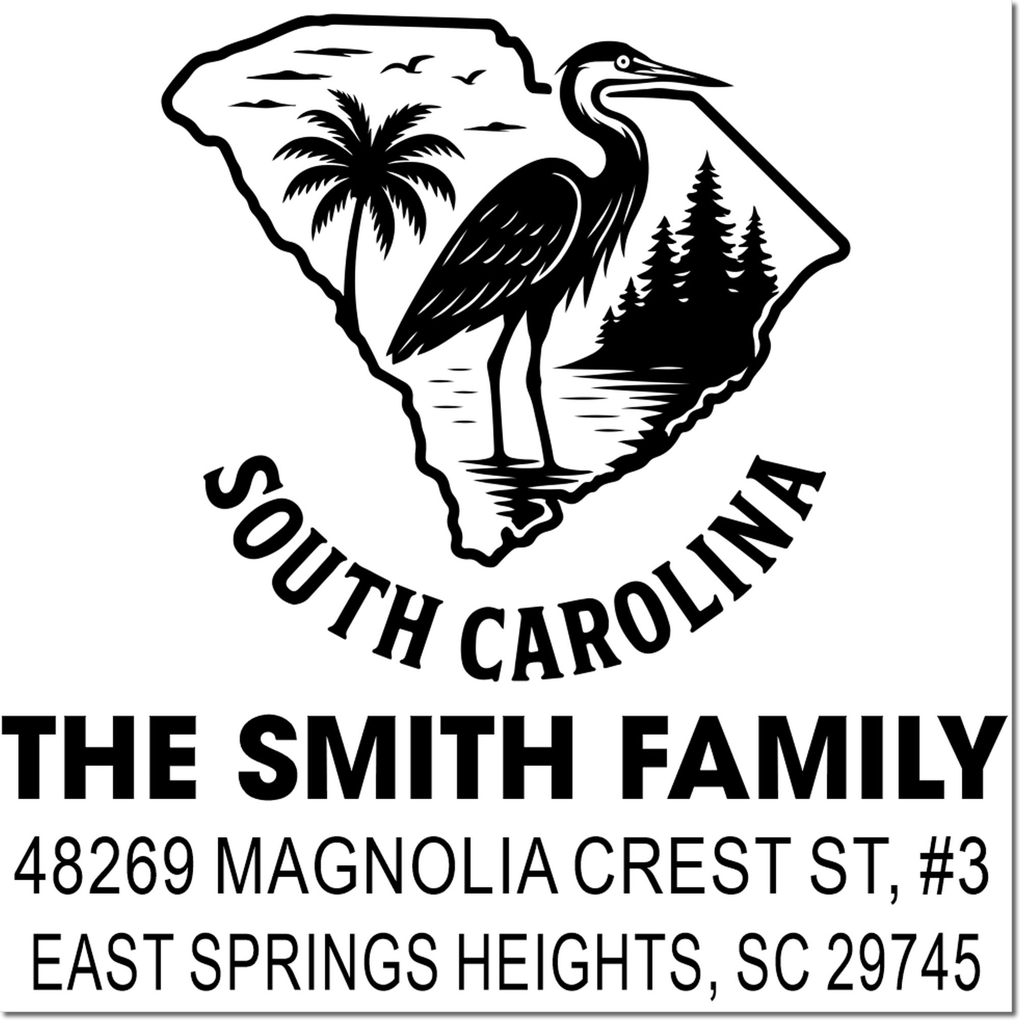 Custom South Carolina return address rubber stamp with heron, palm tree, and pines for The Smith Family.