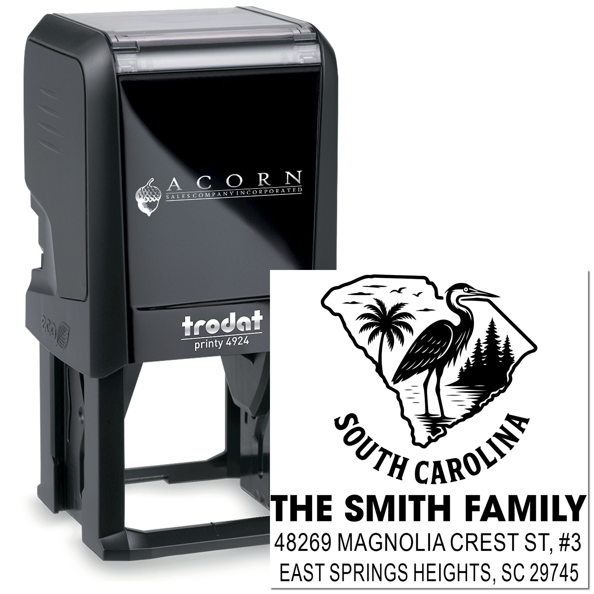Custom self-inking rubber stamp with South Carolina family return address design, Trodat Printy 4924 personalized address stamp.