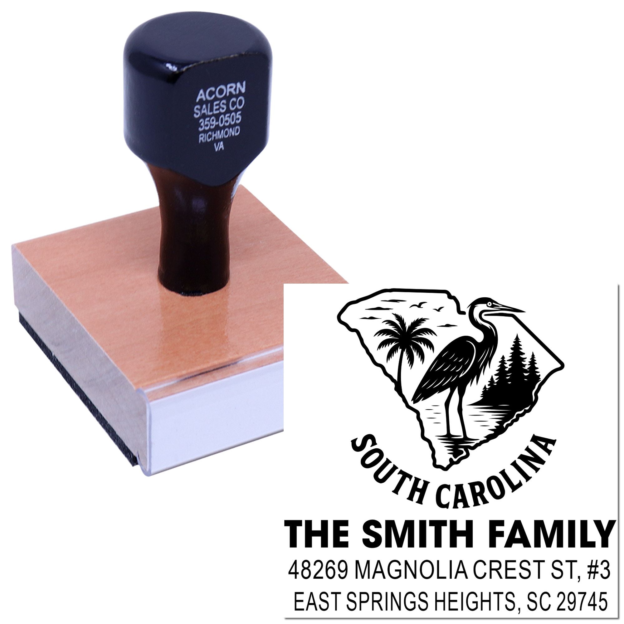 Personalized return address rubber stamp with South Carolina family name and address for custom mailing and branding.