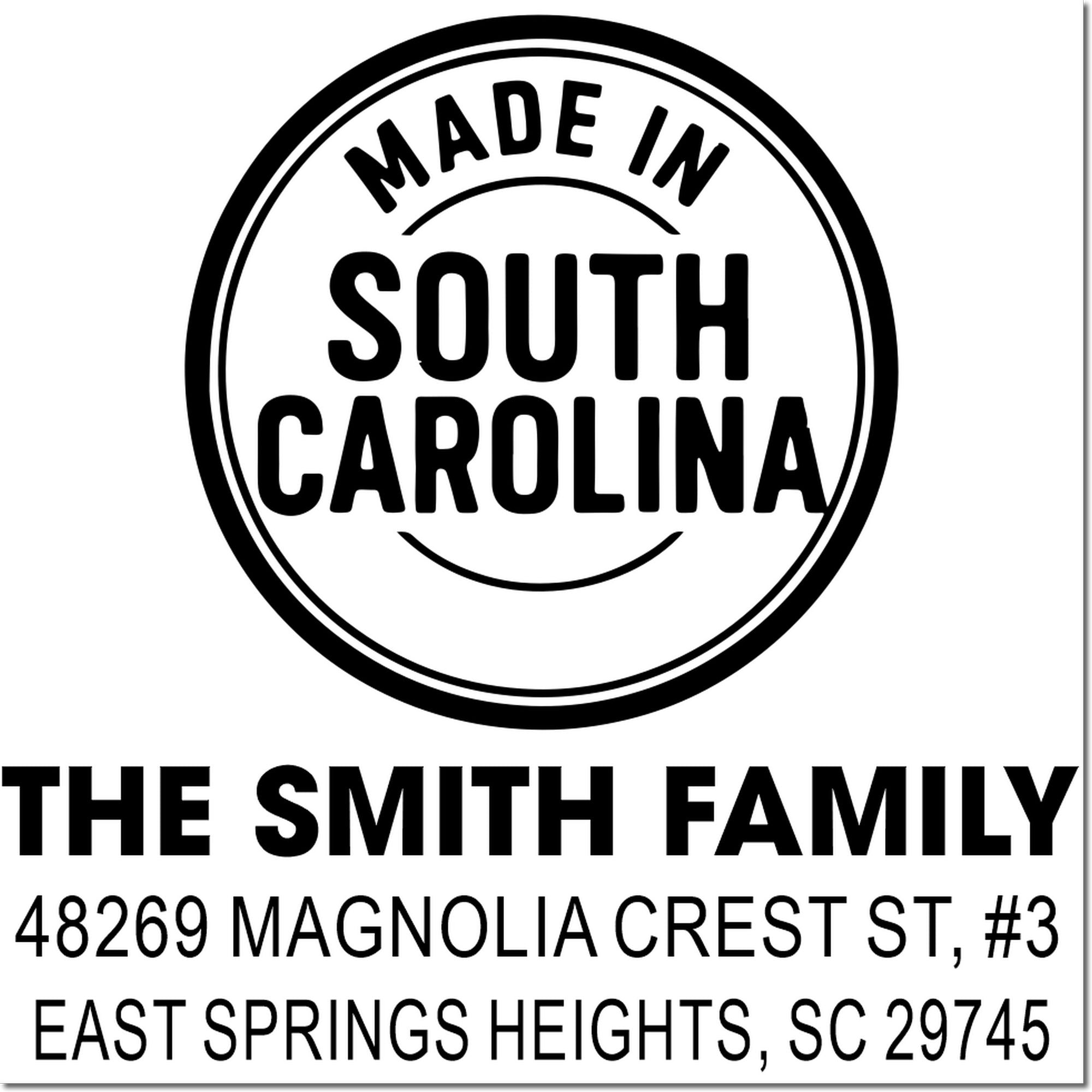 Custom family address rubber stamp with Made in South Carolina logo for The Smith Family, East Springs Heights, SC 29745.