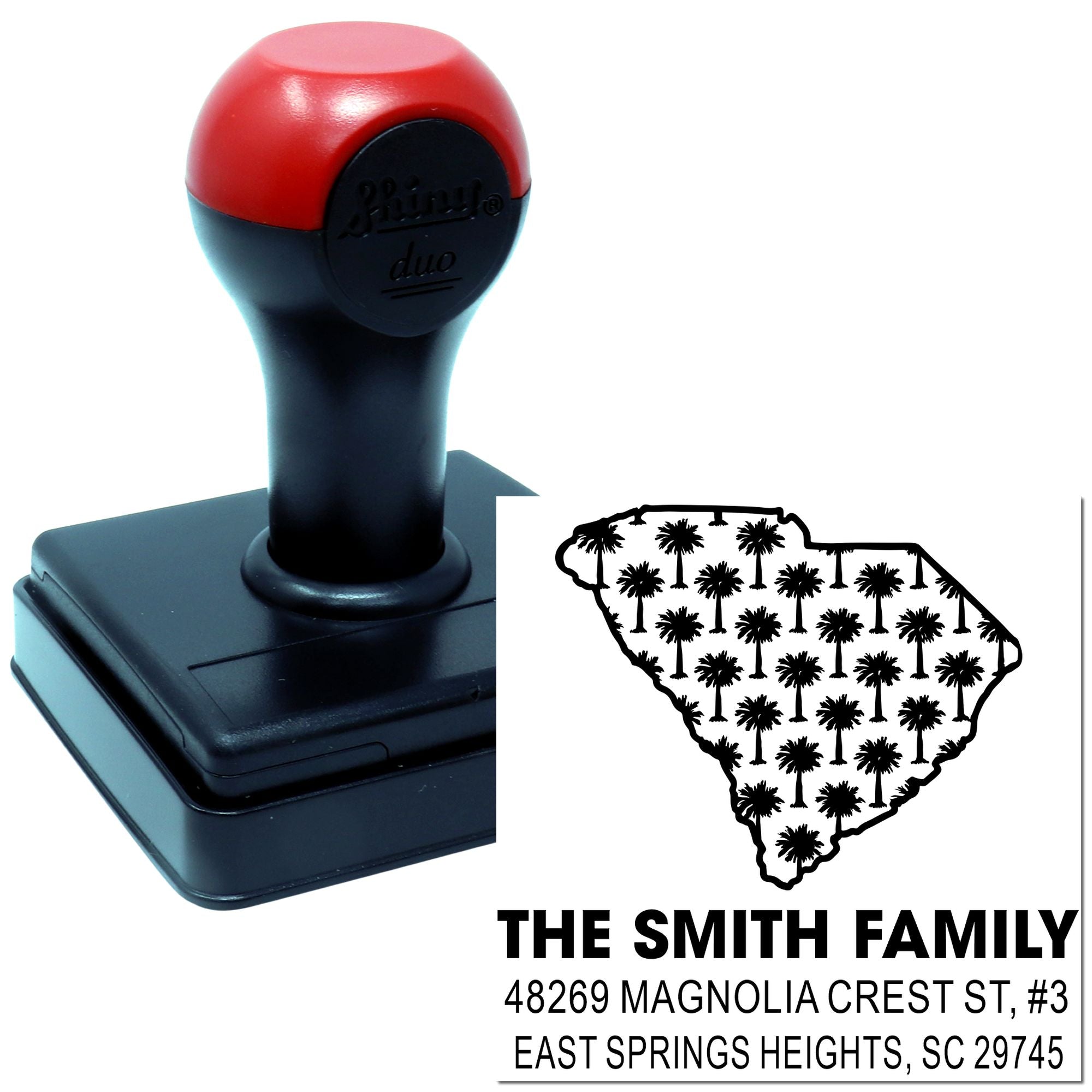 Self-inking custom return address rubber stamp with South Carolina palmetto state design and Smith family name