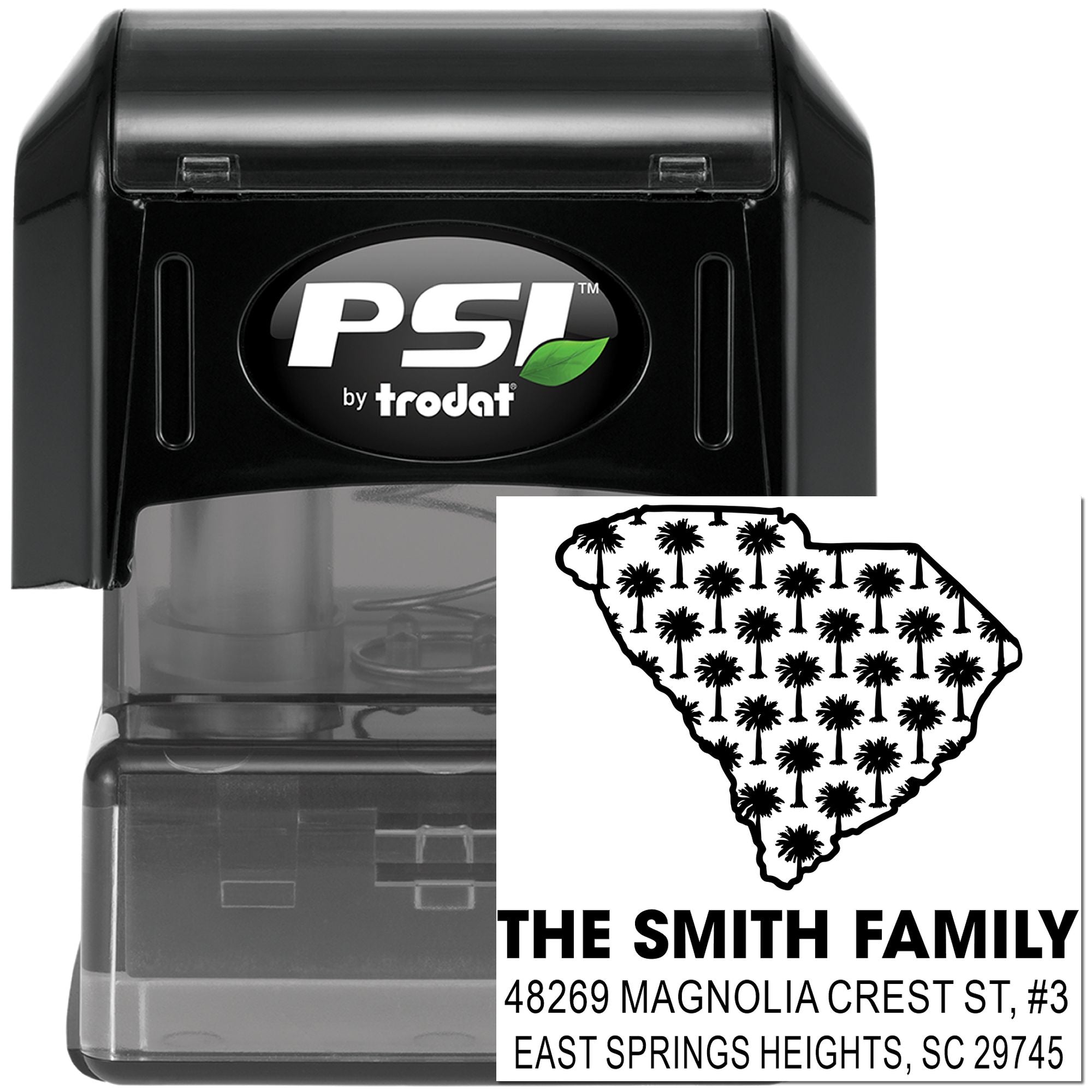 Custom South Carolina address rubber stamp with PSI by Trodat self-inking stamp, family name, and personalized home address.