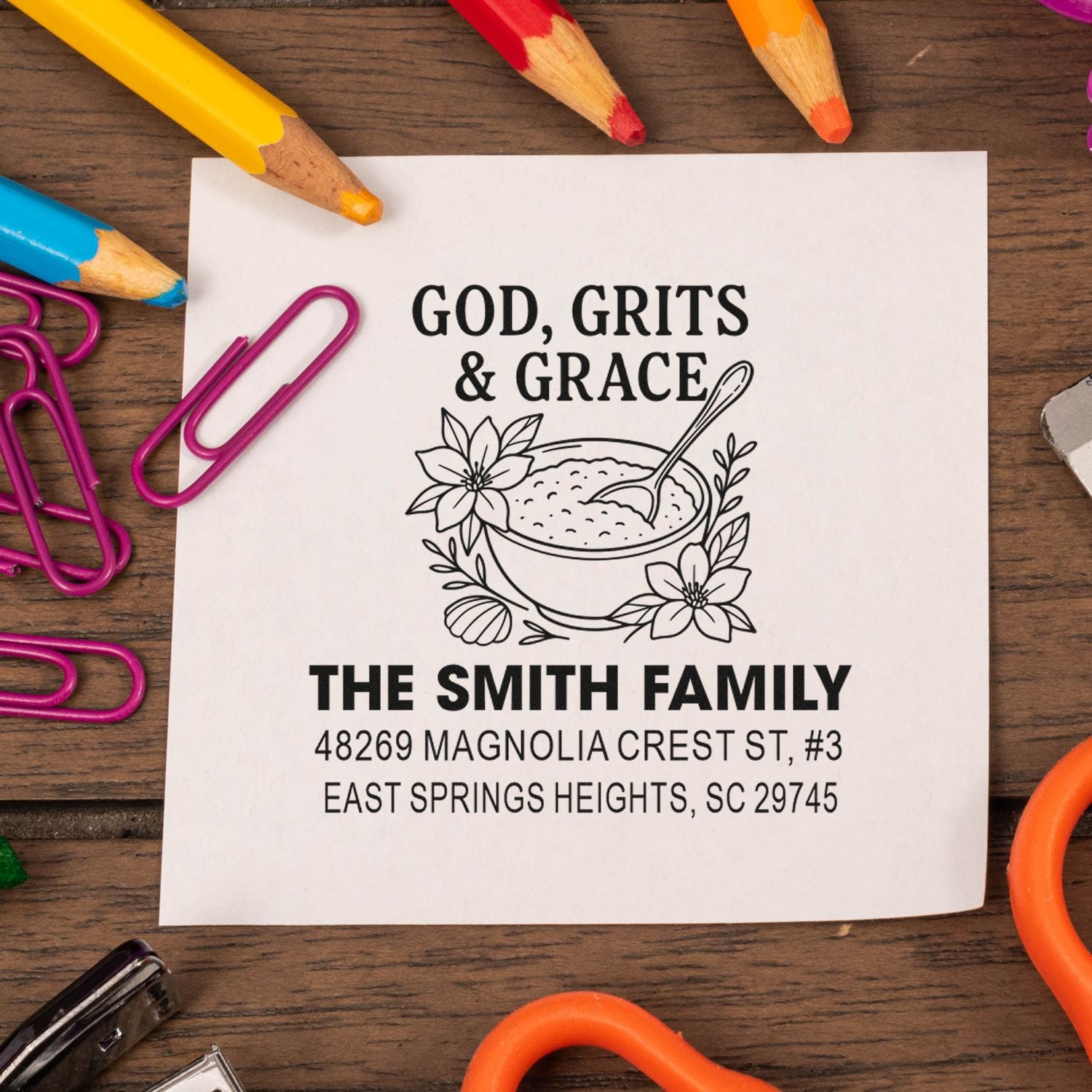 Personalized return address rubber stamp with farmhouse bowl design and God, Grits & Grace for The Smith Family.