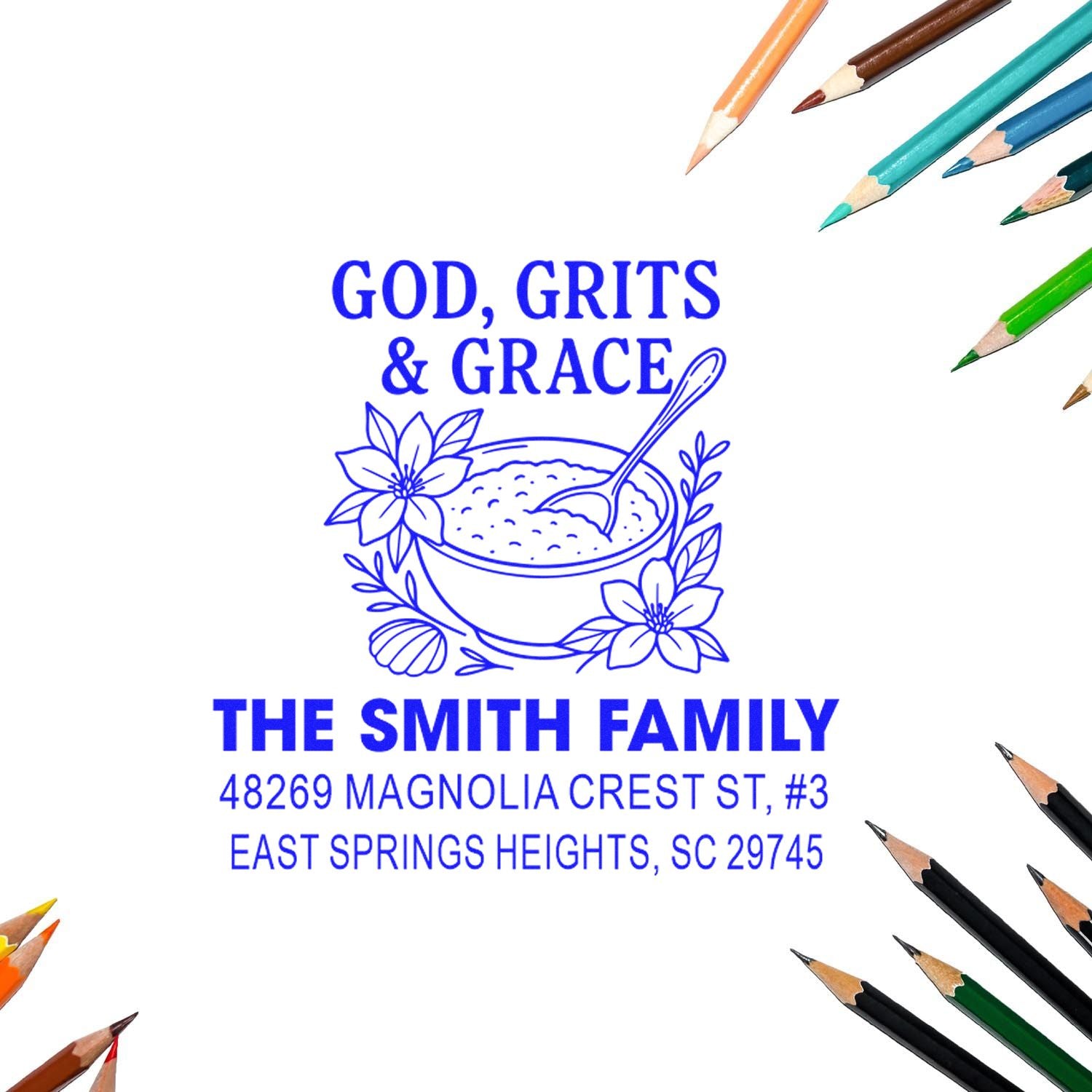Personalized return address rubber stamp for The Smith Family, featuring God, Grits & Grace and a floral bowl design.