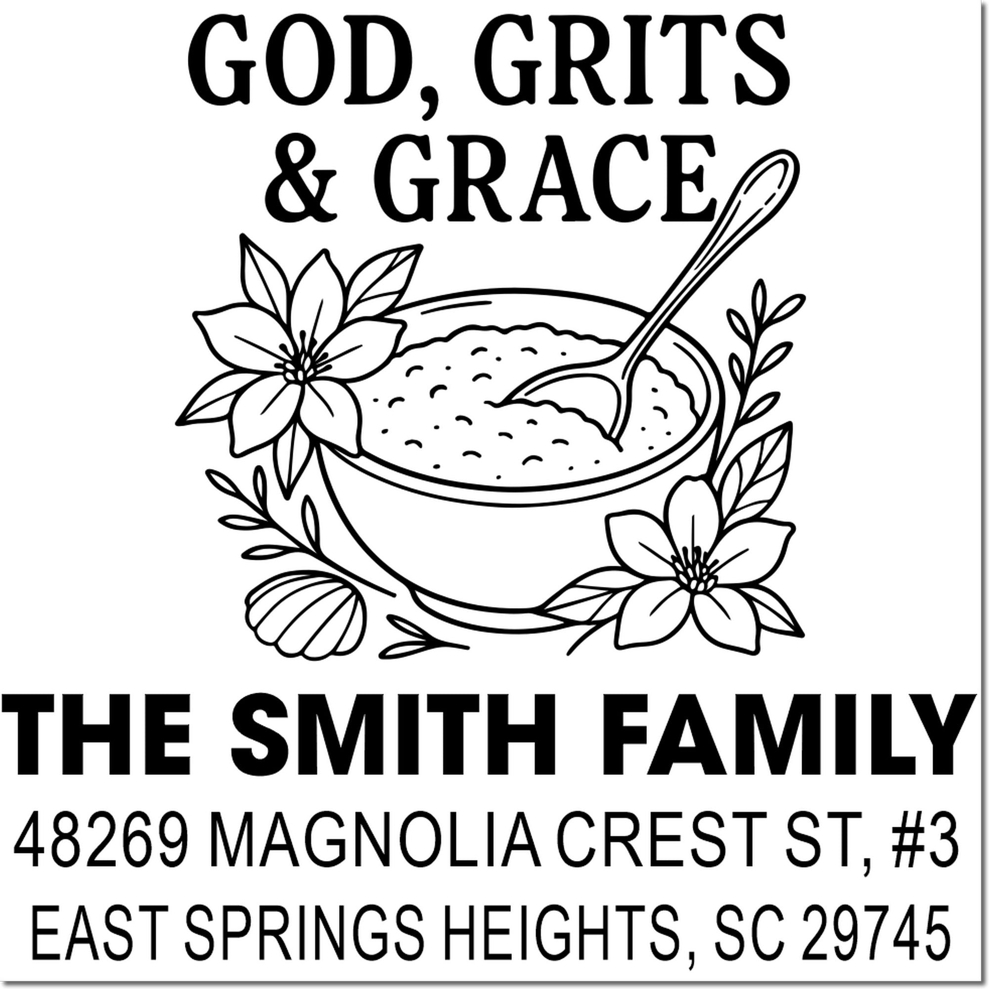 Custom family return address rubber stamp with God, Grits & Grace and East Springs Heights, SC address.