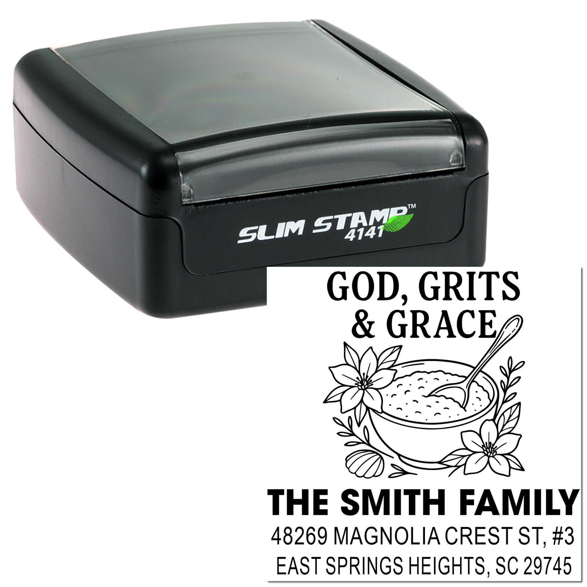 Custom self-inking address stamp with God, Grits & Grace design for the Smith family.