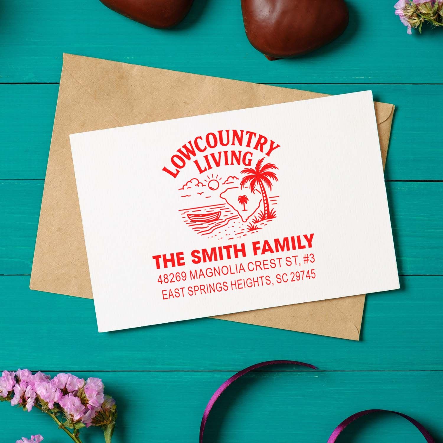 Custom family return address rubber stamp for The Smith Family, featuring a Lowcountry Living design on a card.