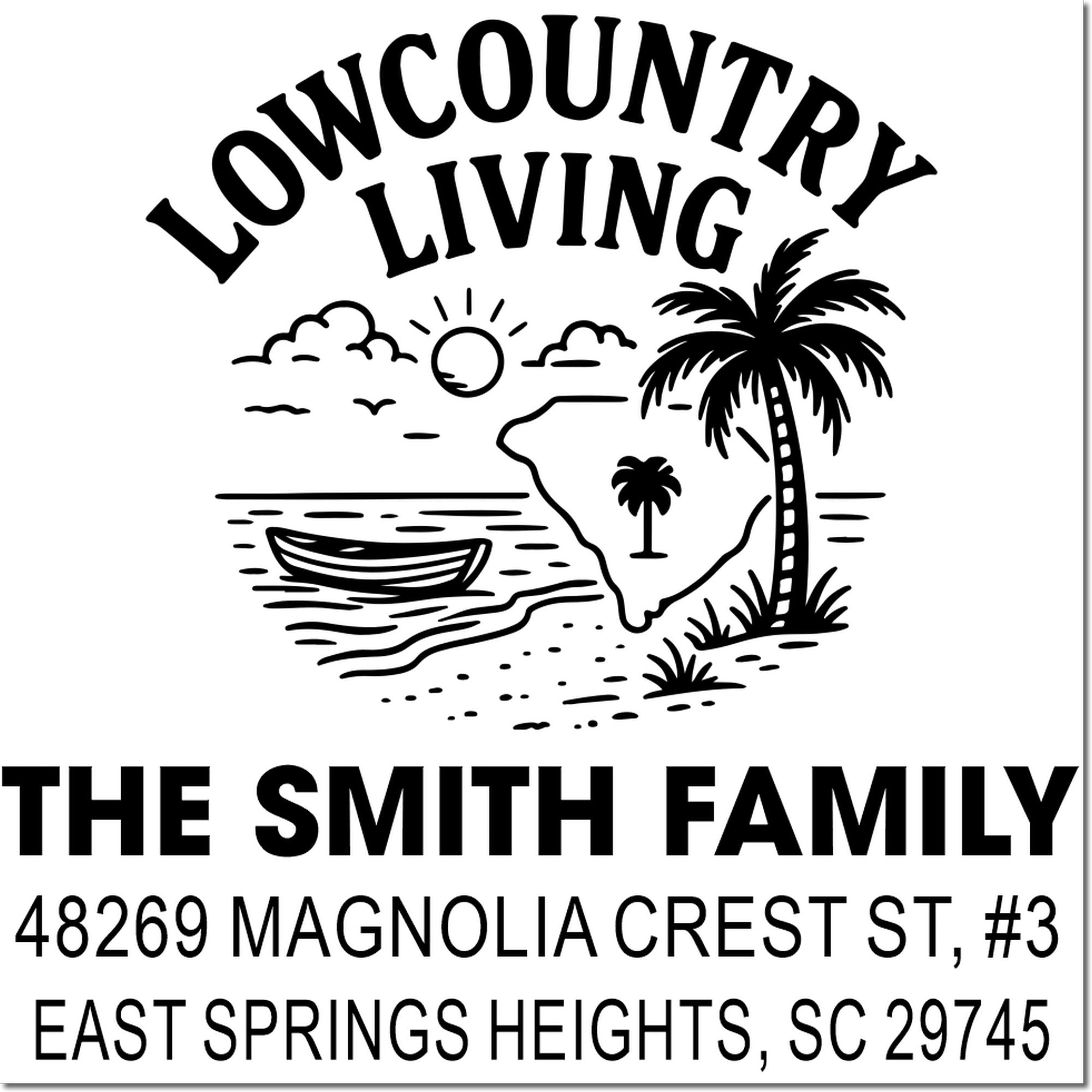 Custom rubber address stamp for The Smith Family with Lowcountry Living beach, palm tree design and South Carolina address.