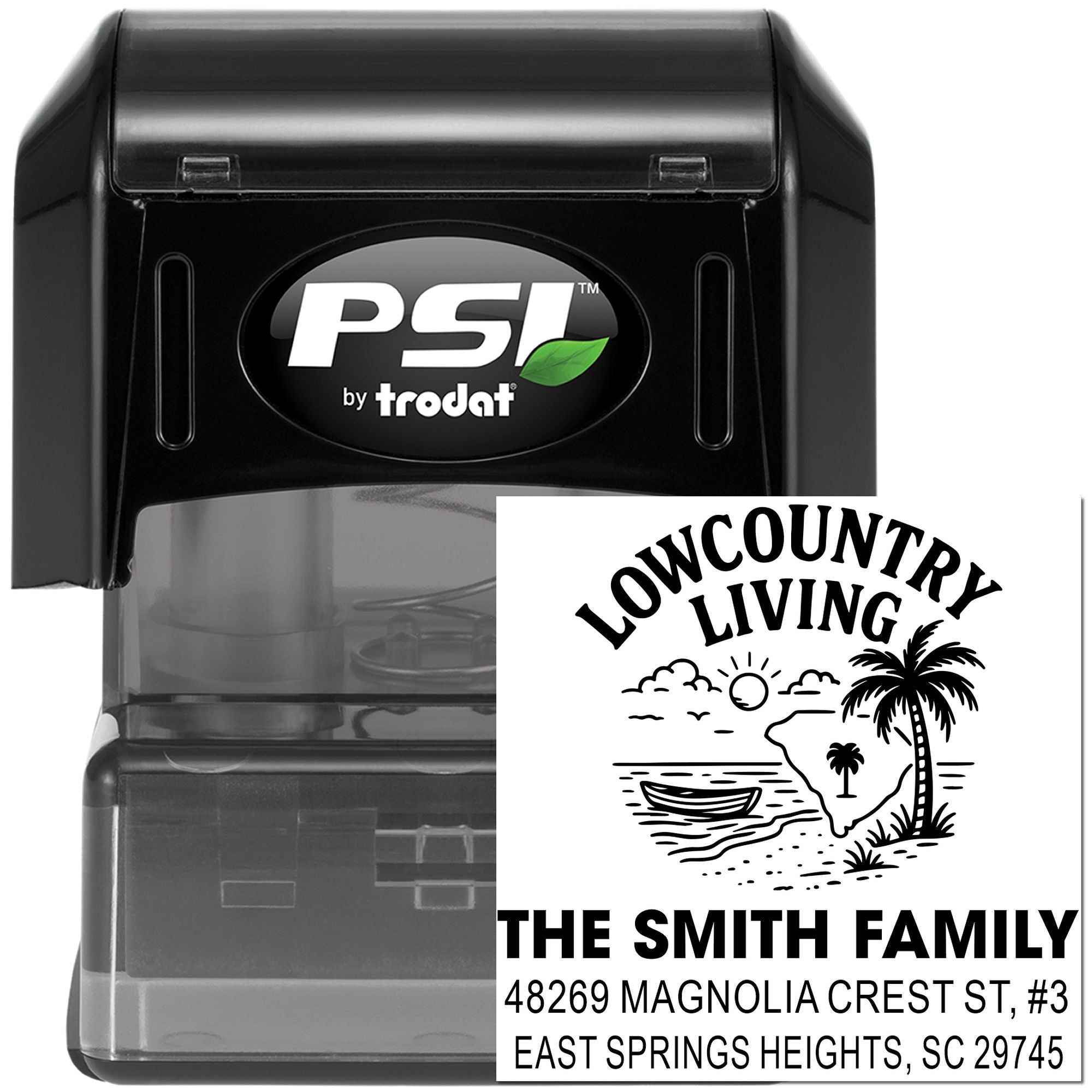 PSI by Trodat custom self-inking rubber address stamp with Lowcountry Living family return address design