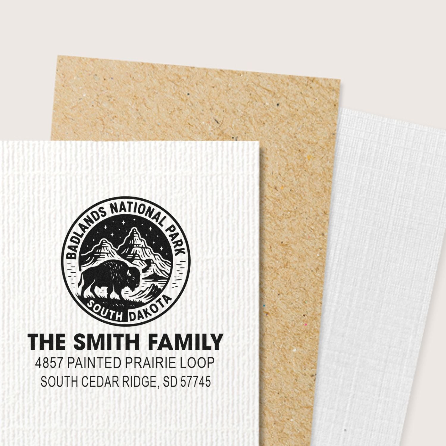 Custom return address rubber stamp with Badlands National Park South Dakota design for The Smith Family