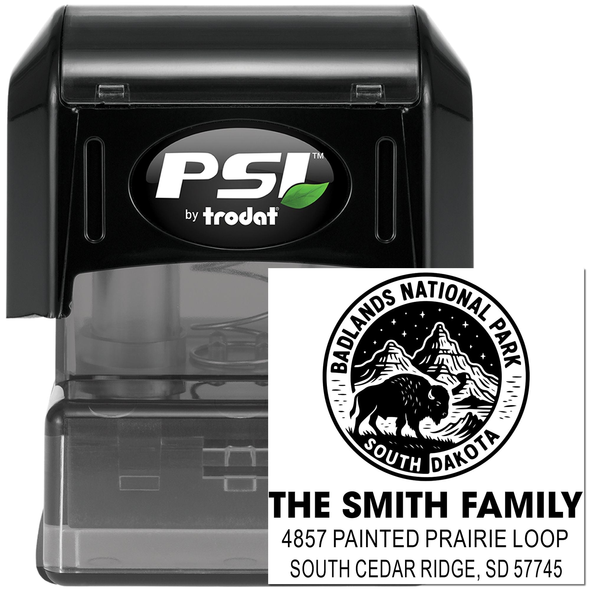 Custom self-inking rubber stamp with Badlands National Park bison design and Smith family address.