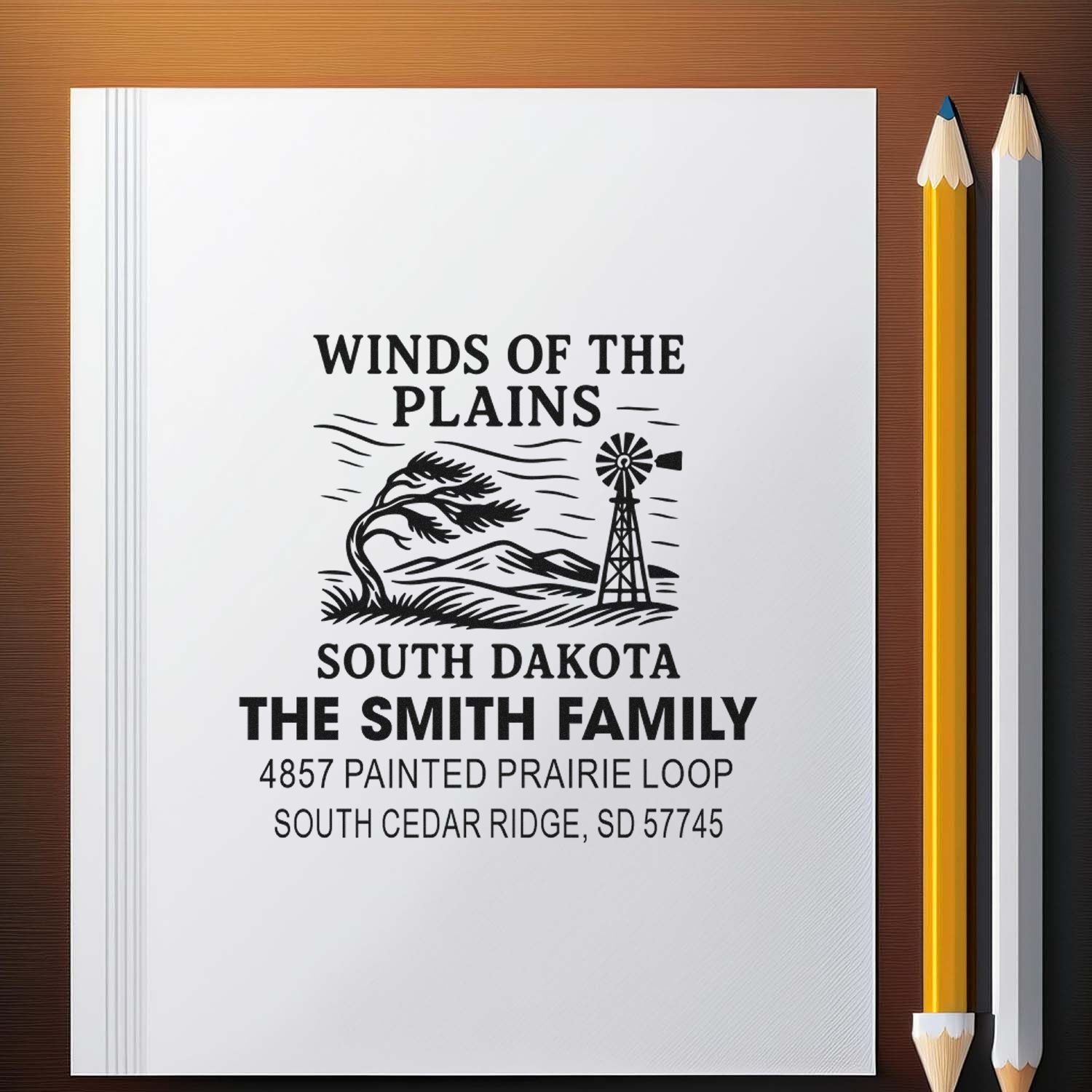 Custom rubber stamp design for The Smith Family, Winds of the Plains South Dakota, with prairie windmill artwork.