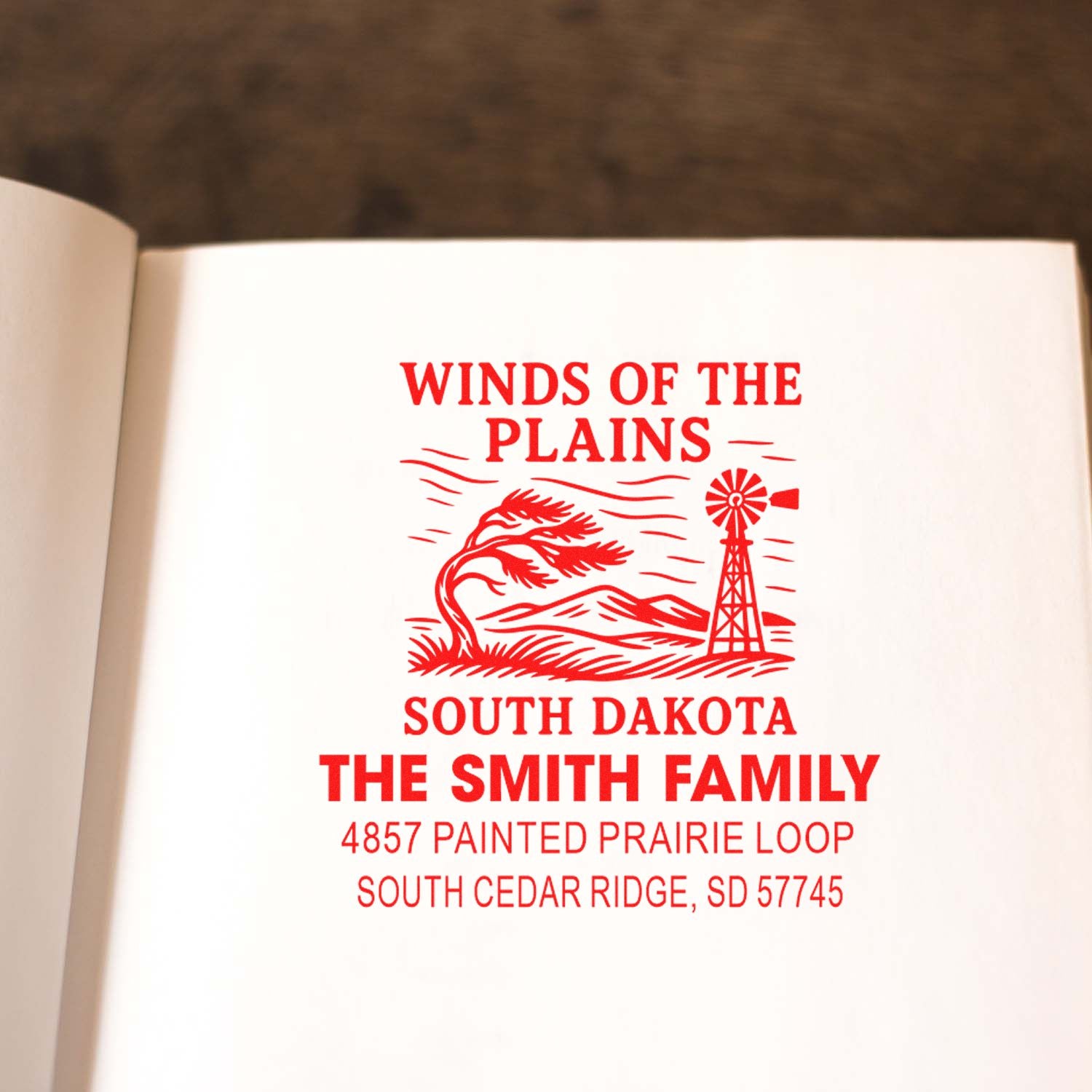 Personalized family return address rubber stamp with Winds of the Plains South Dakota design for The Smith Family.