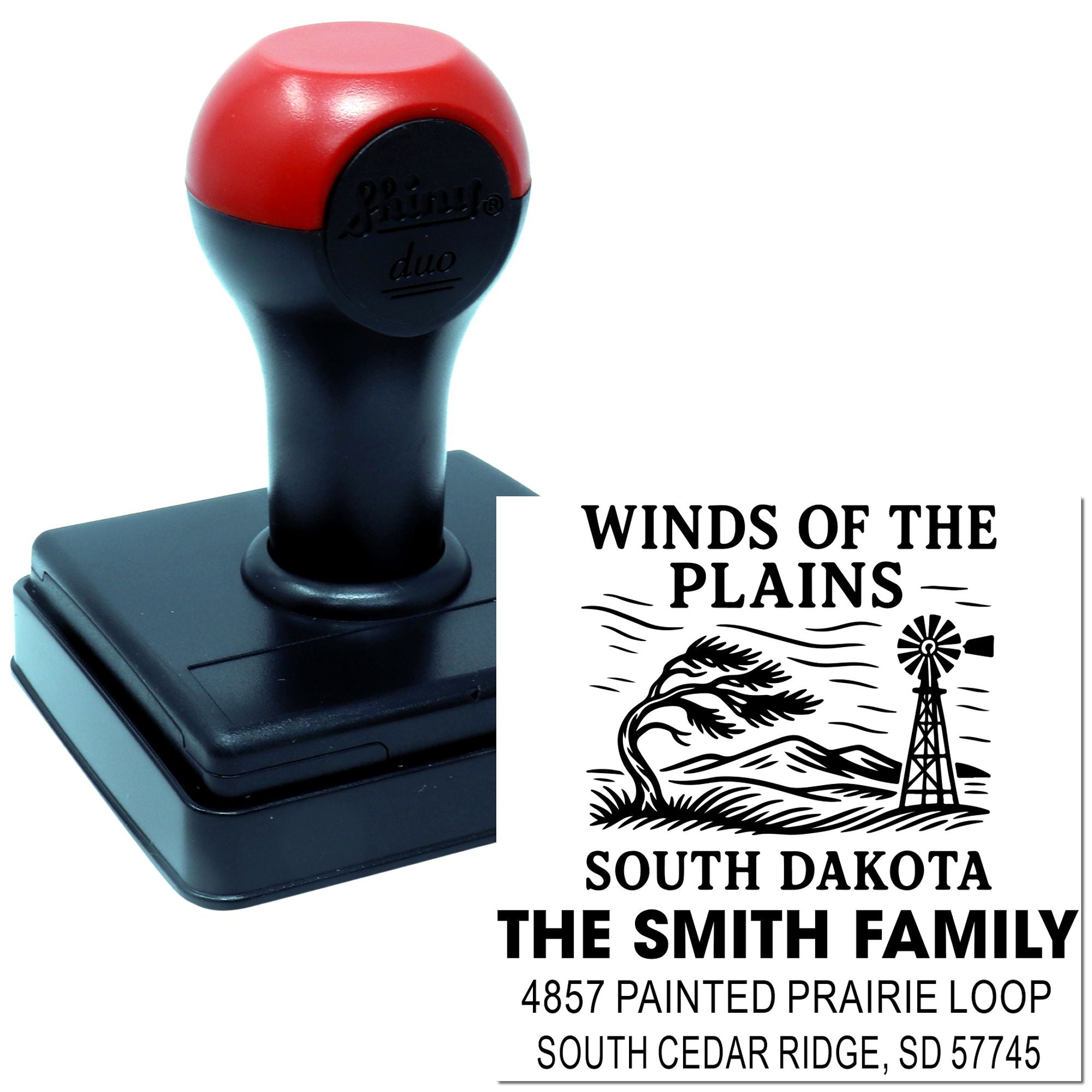 Custom self-inking return address rubber stamp for The Smith Family, South Dakota, with Winds of the Plains design.