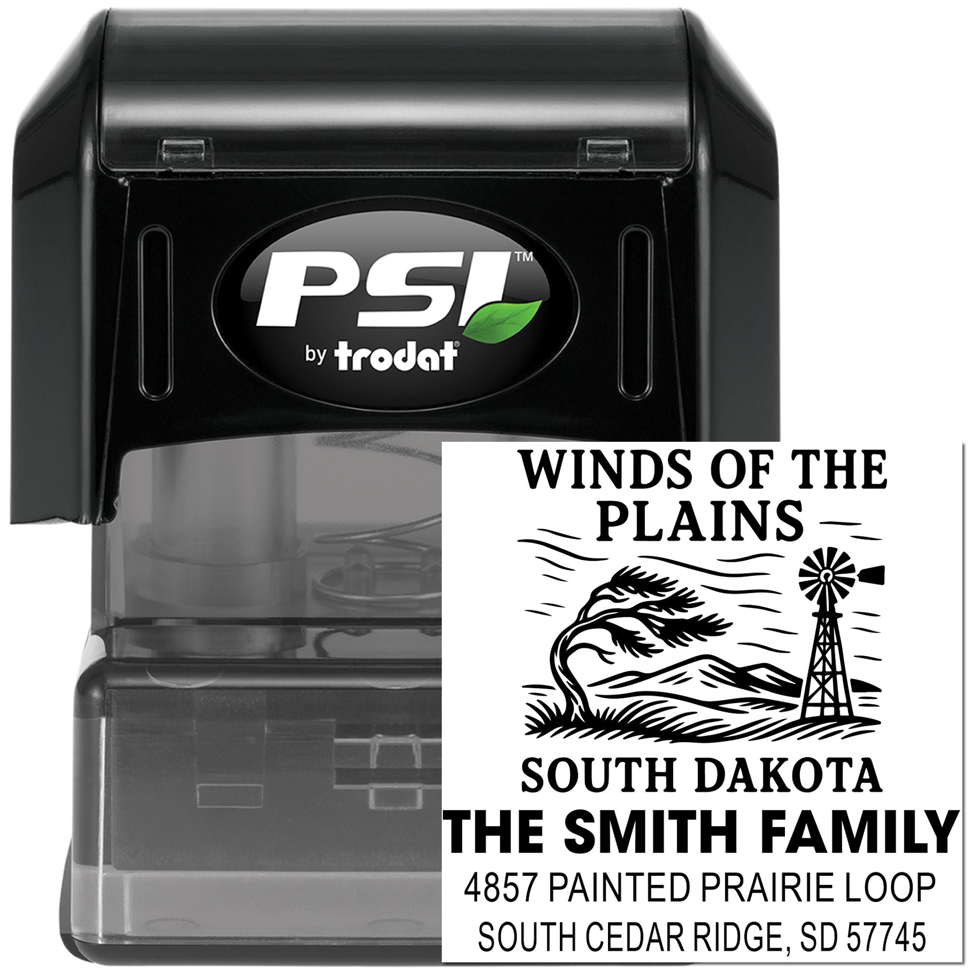 PSI by Trodat custom self-inking address rubber stamp with Winds of the Plains South Dakota family return address design.