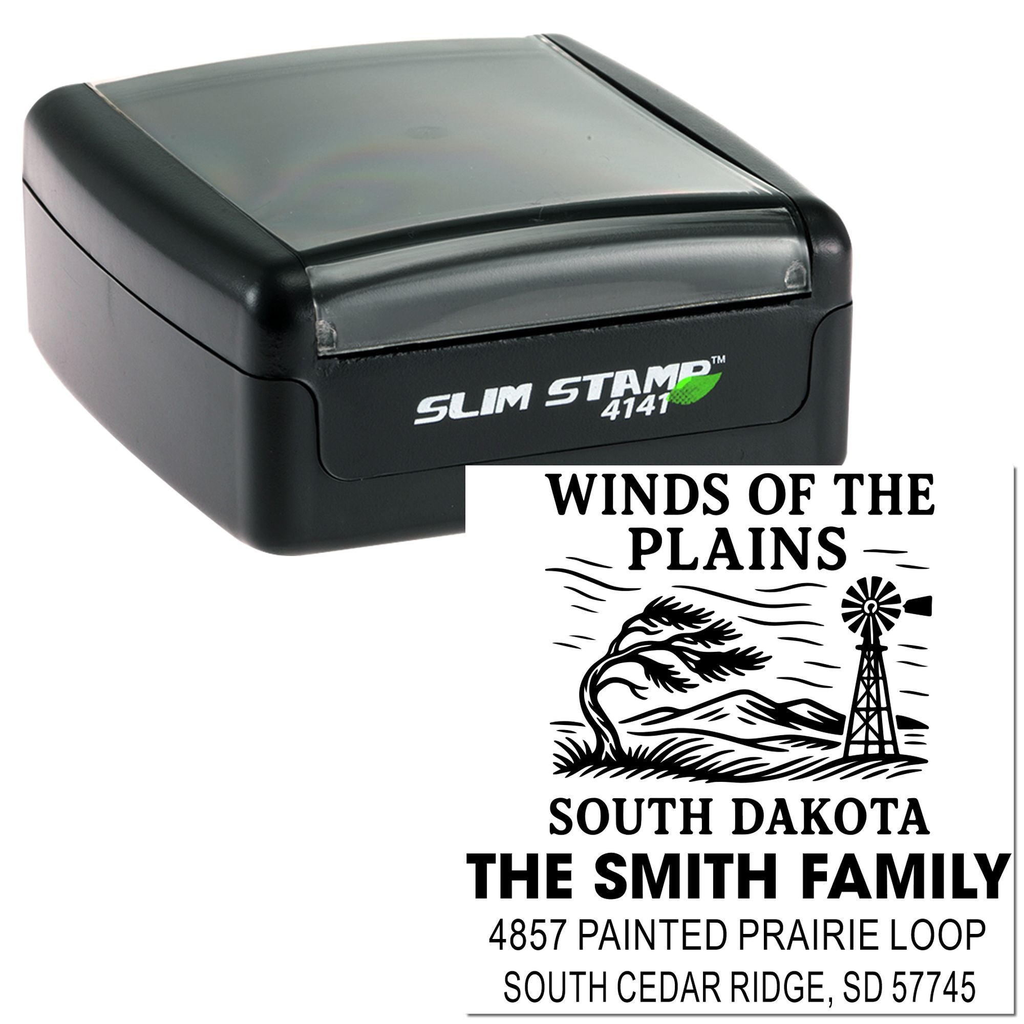 Custom self-inking rubber stamp featuring a Winds of the Plains South Dakota family address design.