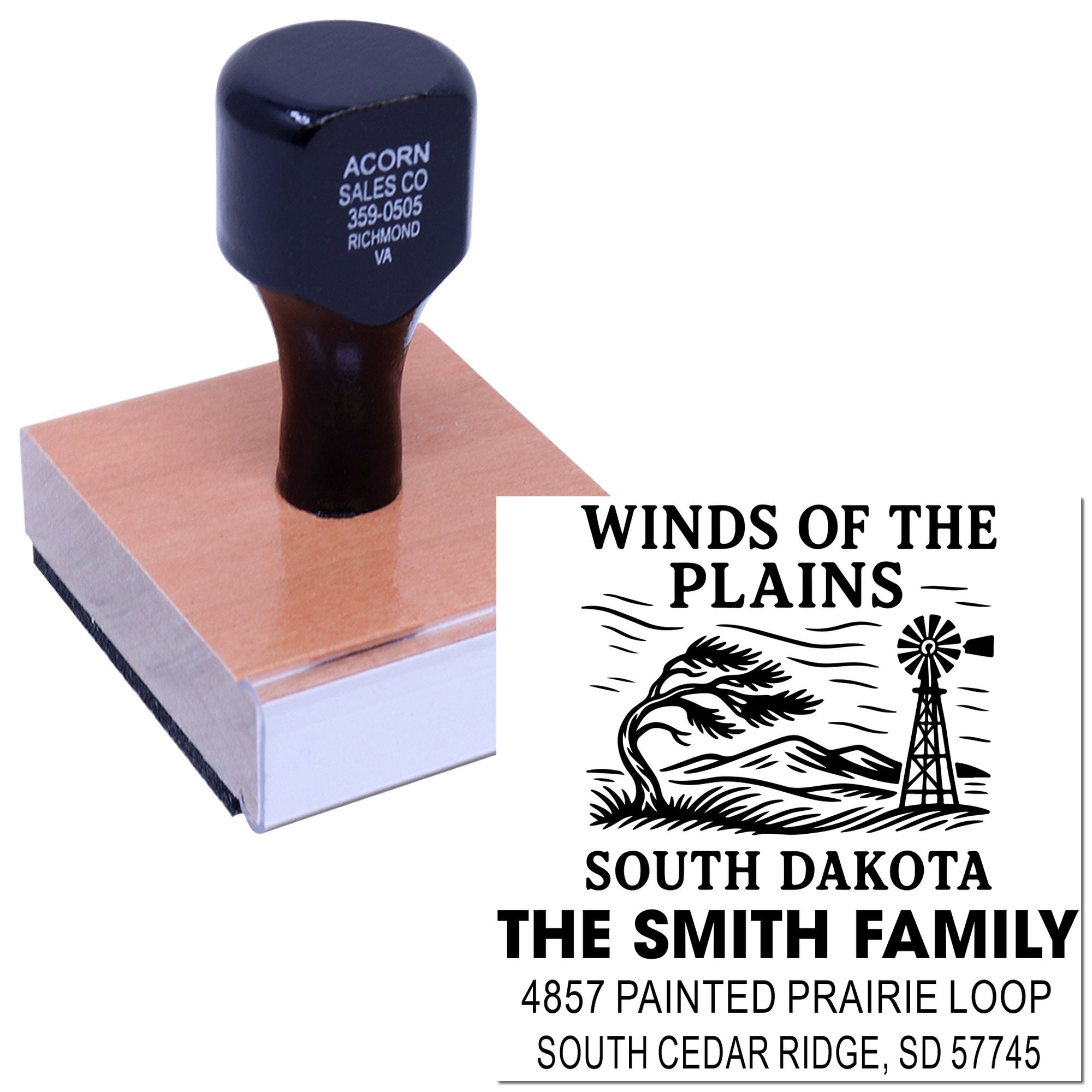 Personalized rubber address stamp with Winds of the Plains South Dakota family return address design.