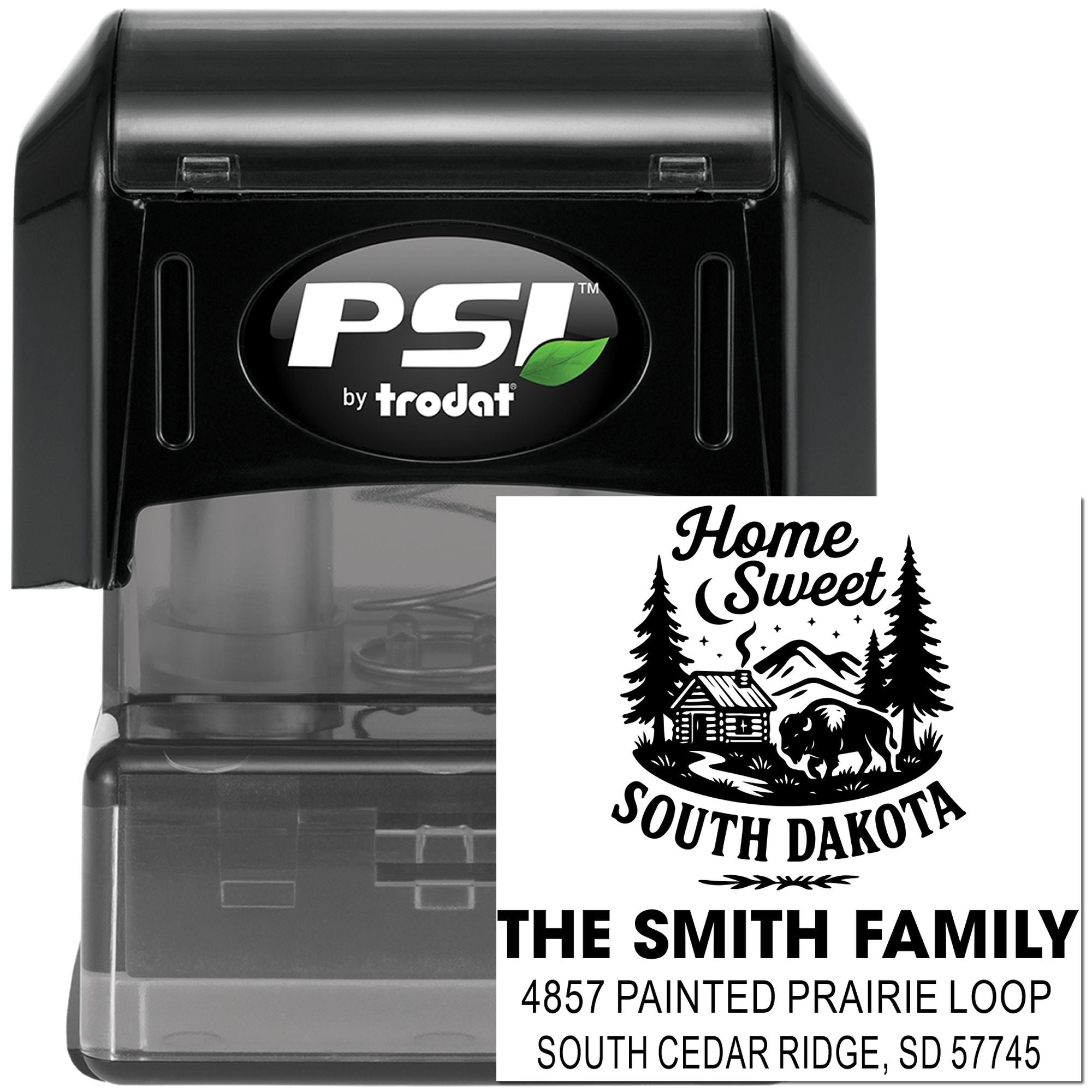 Custom self-inking return address rubber stamp with Home Sweet South Dakota family design.